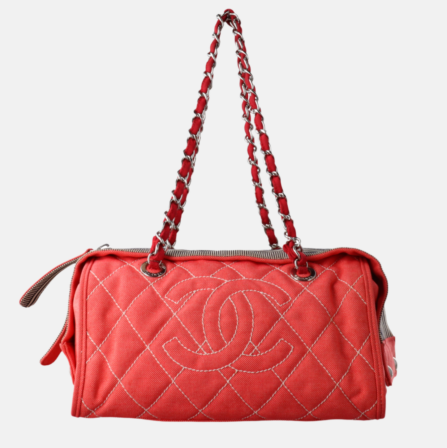 Chanel Rhombus Quilted Denim CC Bowler Red Handbag