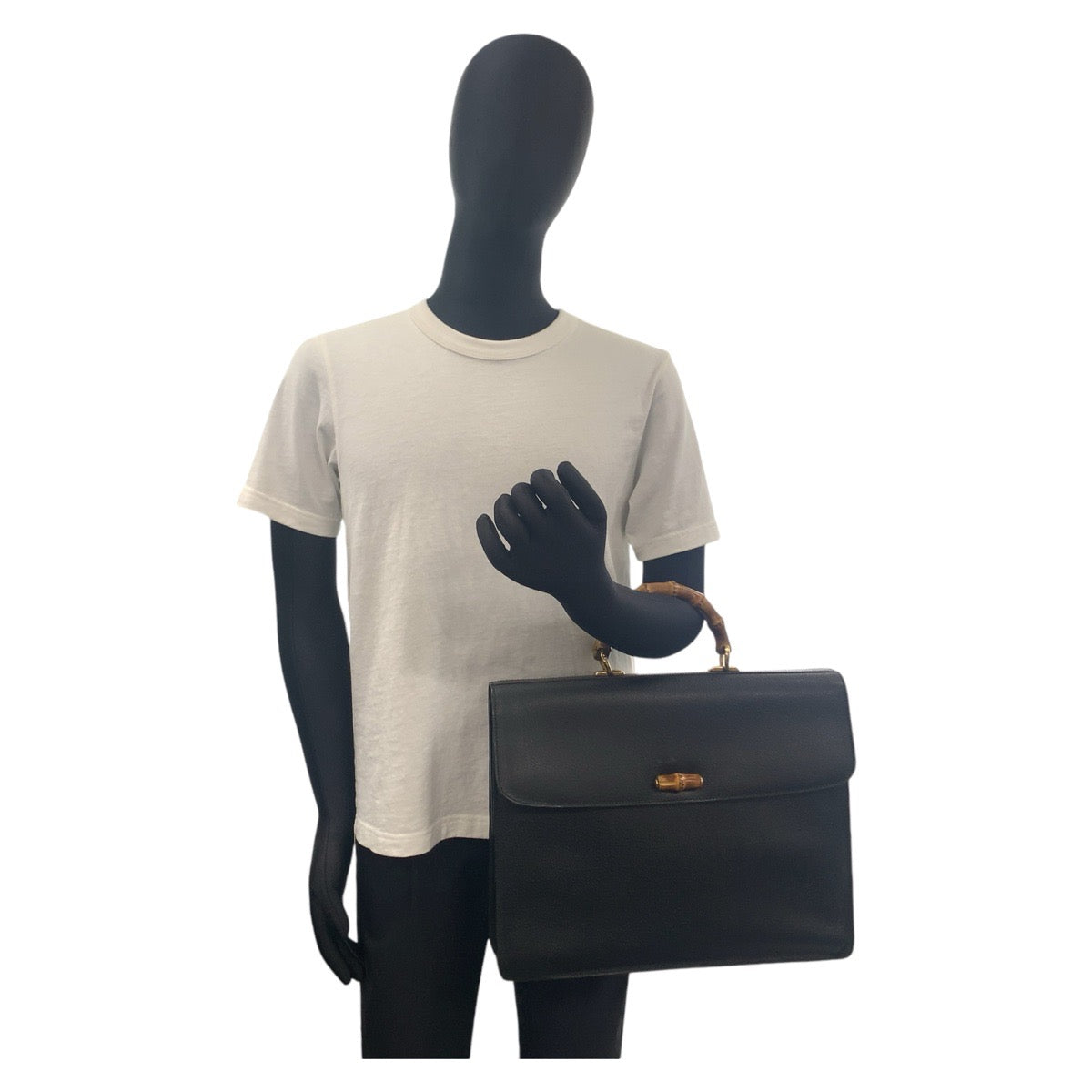 Gucci Business 015. . GoldMetal Bamboo Leather Black Travel Bag