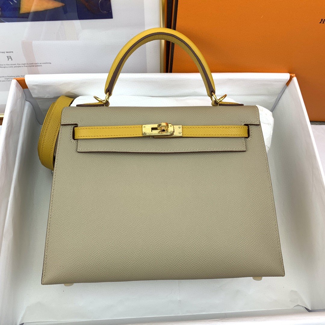 Top Quality Kelly Sellier Epsom Greige Yellow Shoulder Bag