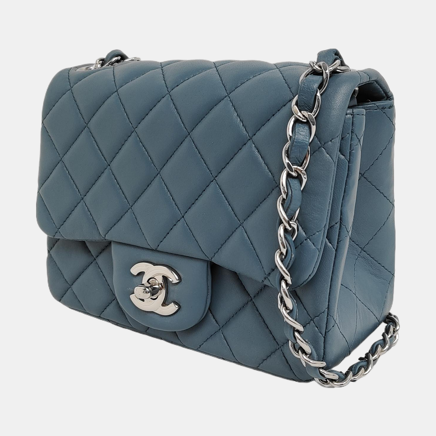 Chanel Classic Flap Square Misty Lambskin Blue Grey Crossbody Bag