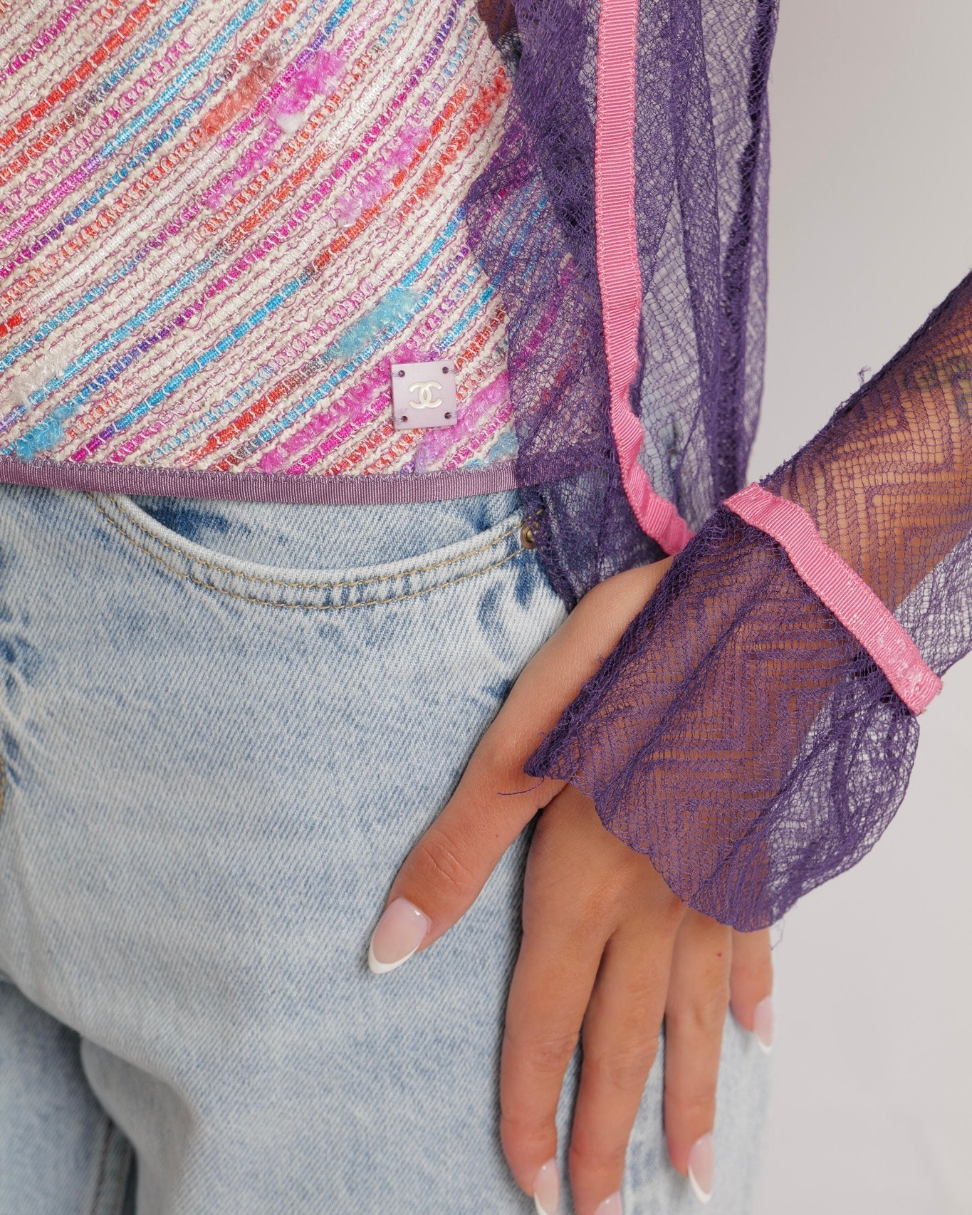 Chanel   03C Purple Lace Gilet and Multi-Colour Top Set with Pink Trims and See-Through Back Detail Size FR 38 (UK 10)