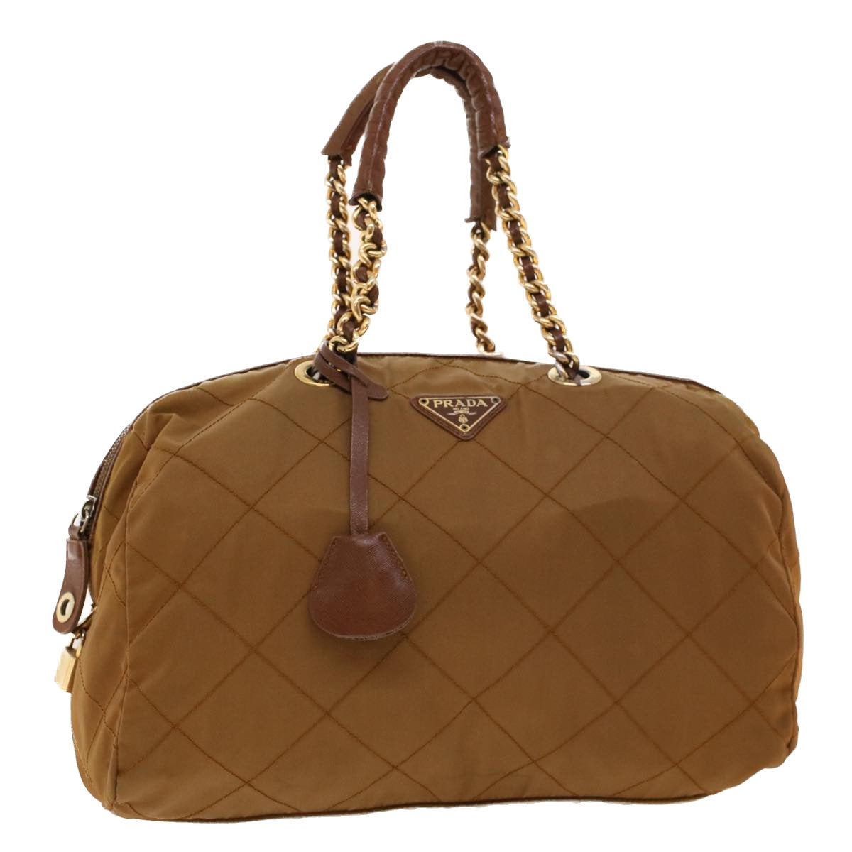 Prada Boston Bag Nylon Brown Chain Travel Bag