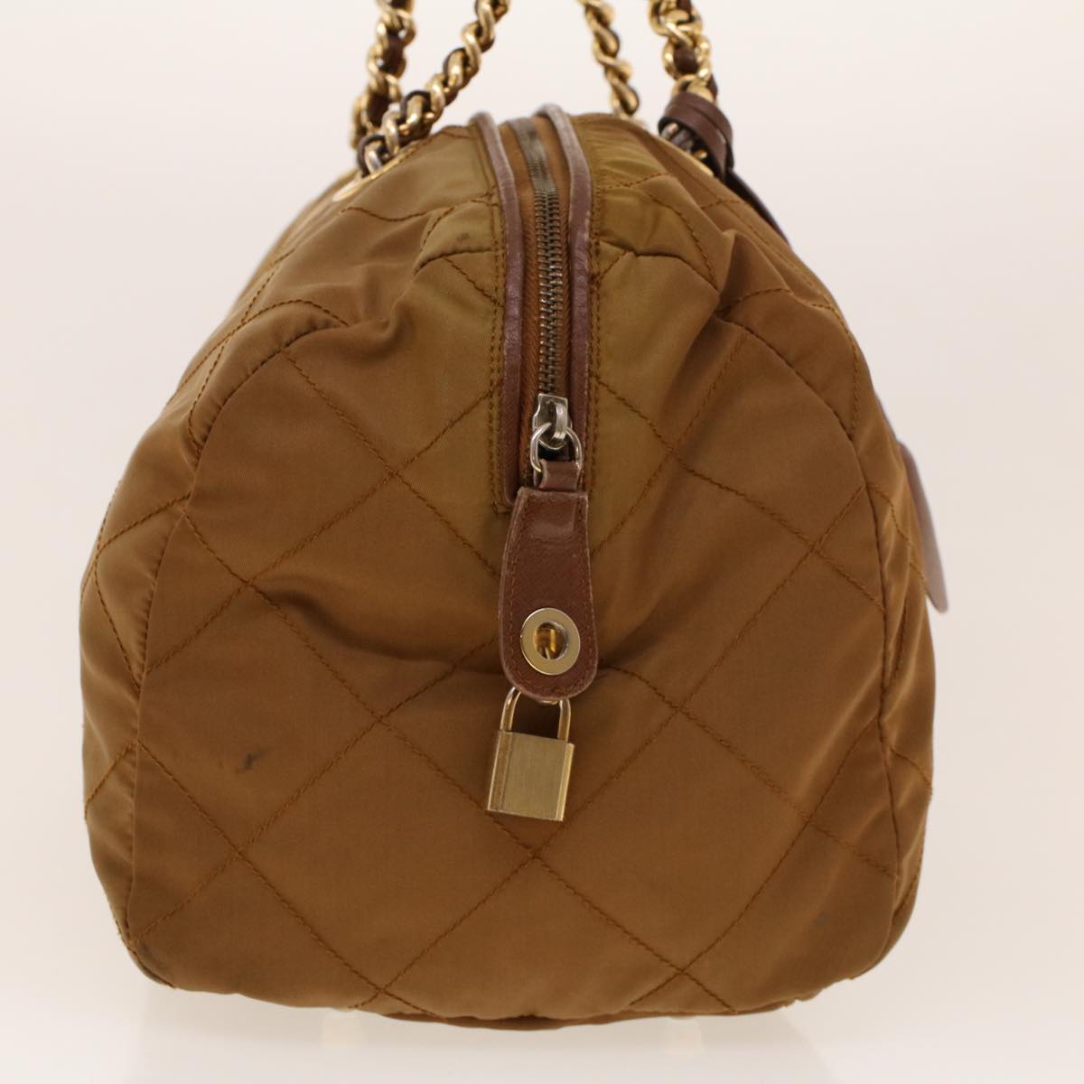 Prada Boston Bag Nylon Brown Chain Travel Bag