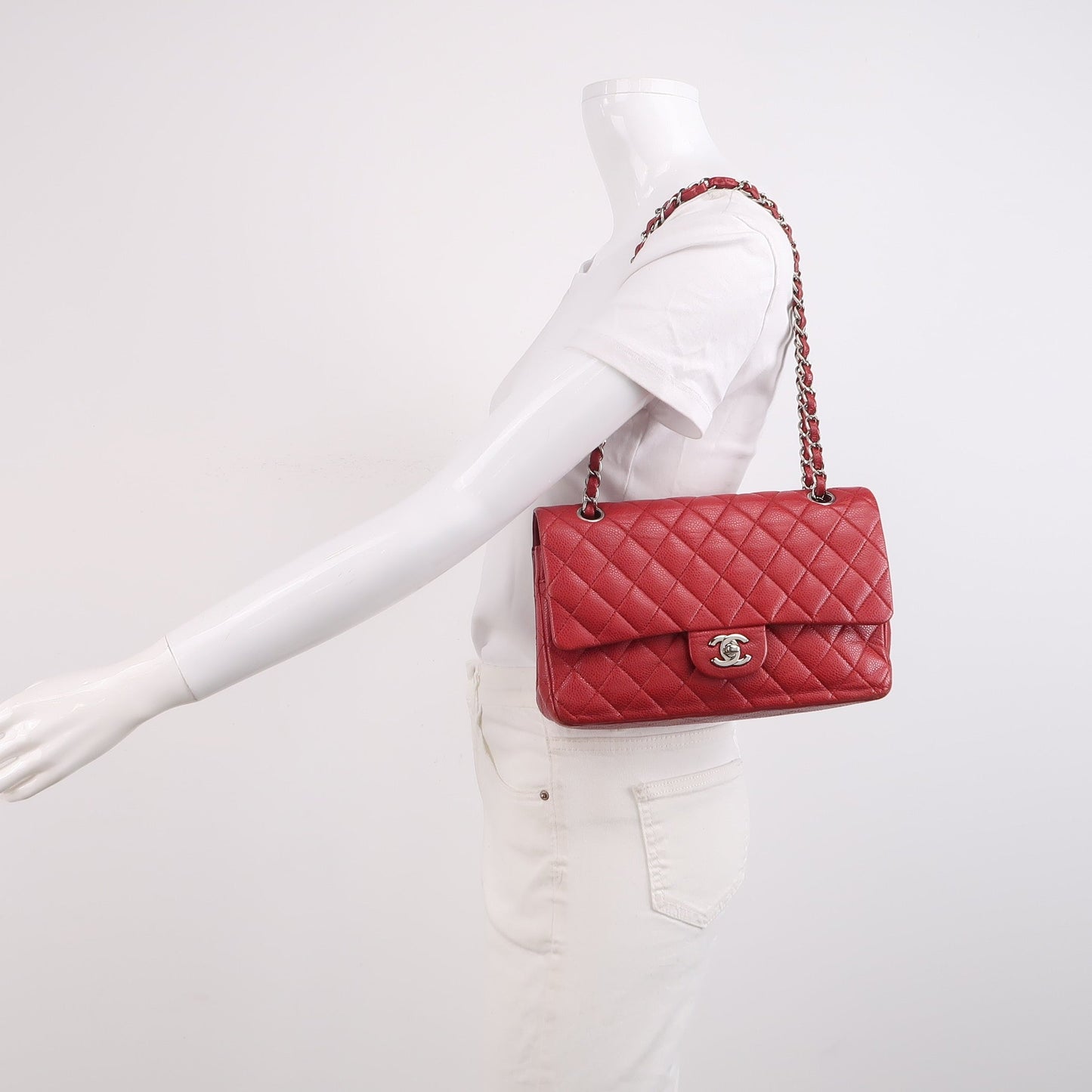 Chanel Timeless Classic Flap Caviar Hardware Red Silver Leather Handbag