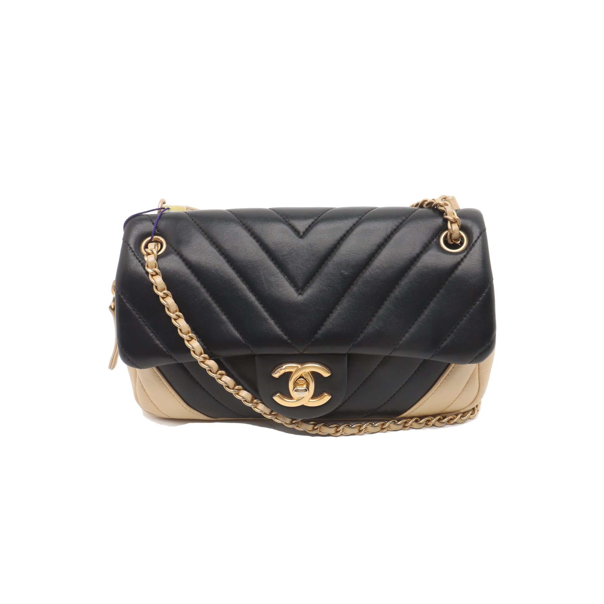 Chanel Bicolor Chevron Lambskin Single Flap -15 Black Gold Small Leather Shoulder Bag