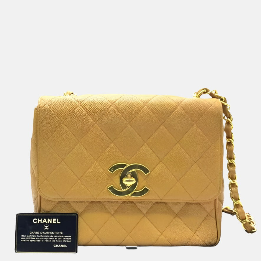 Chanel Classic Flap Camel Caviar 24k Plated Gold Leather Handbag