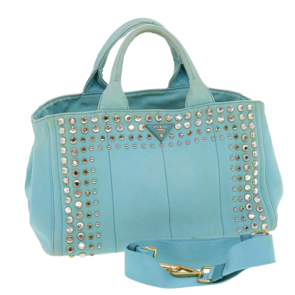 Prada Bijoux Canapa Hand Bag 2Way Light Auth Canvas Blue Travel Bag