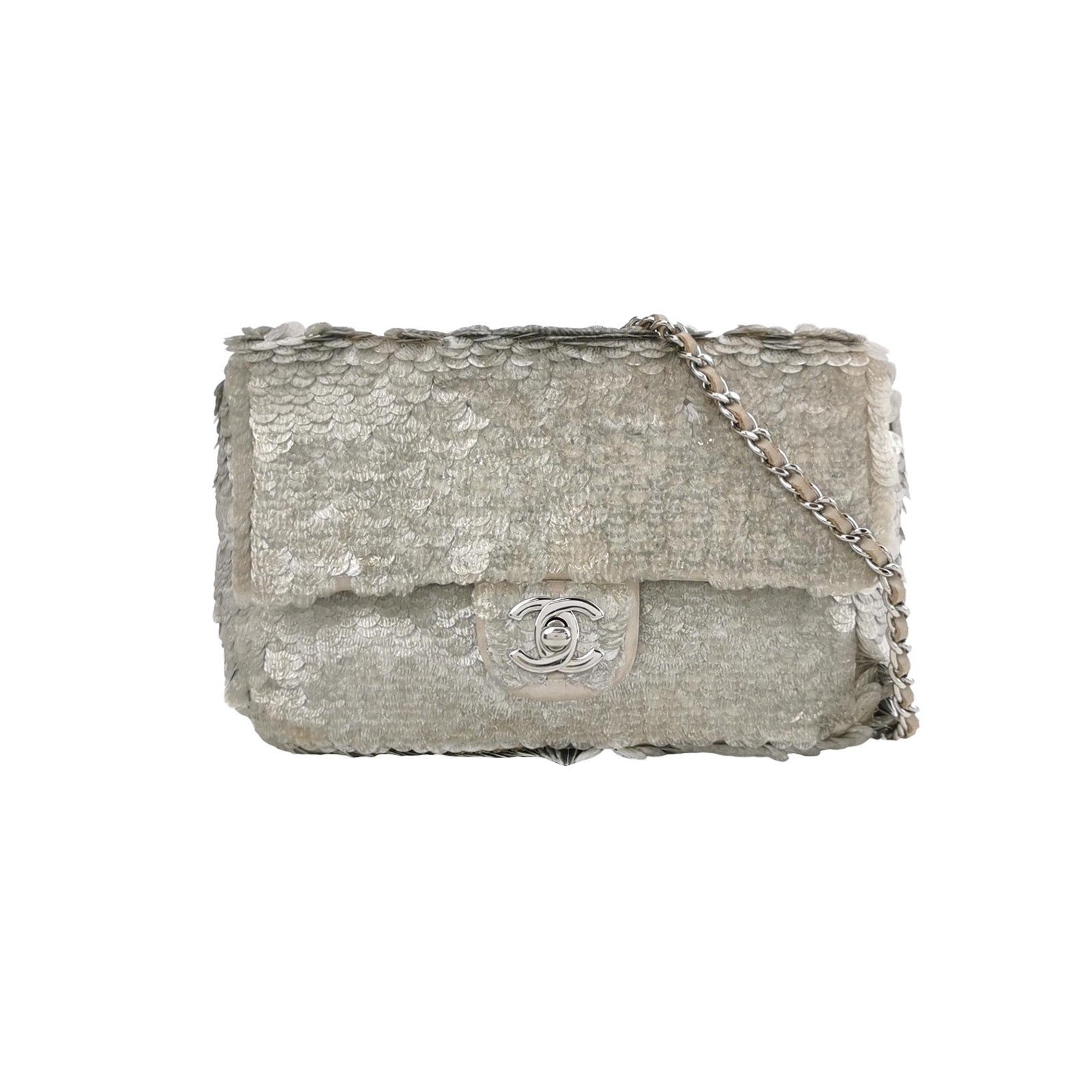 Chanel Paillette Flap Rectangular Glitter Sequins Silver Shoulder Bag