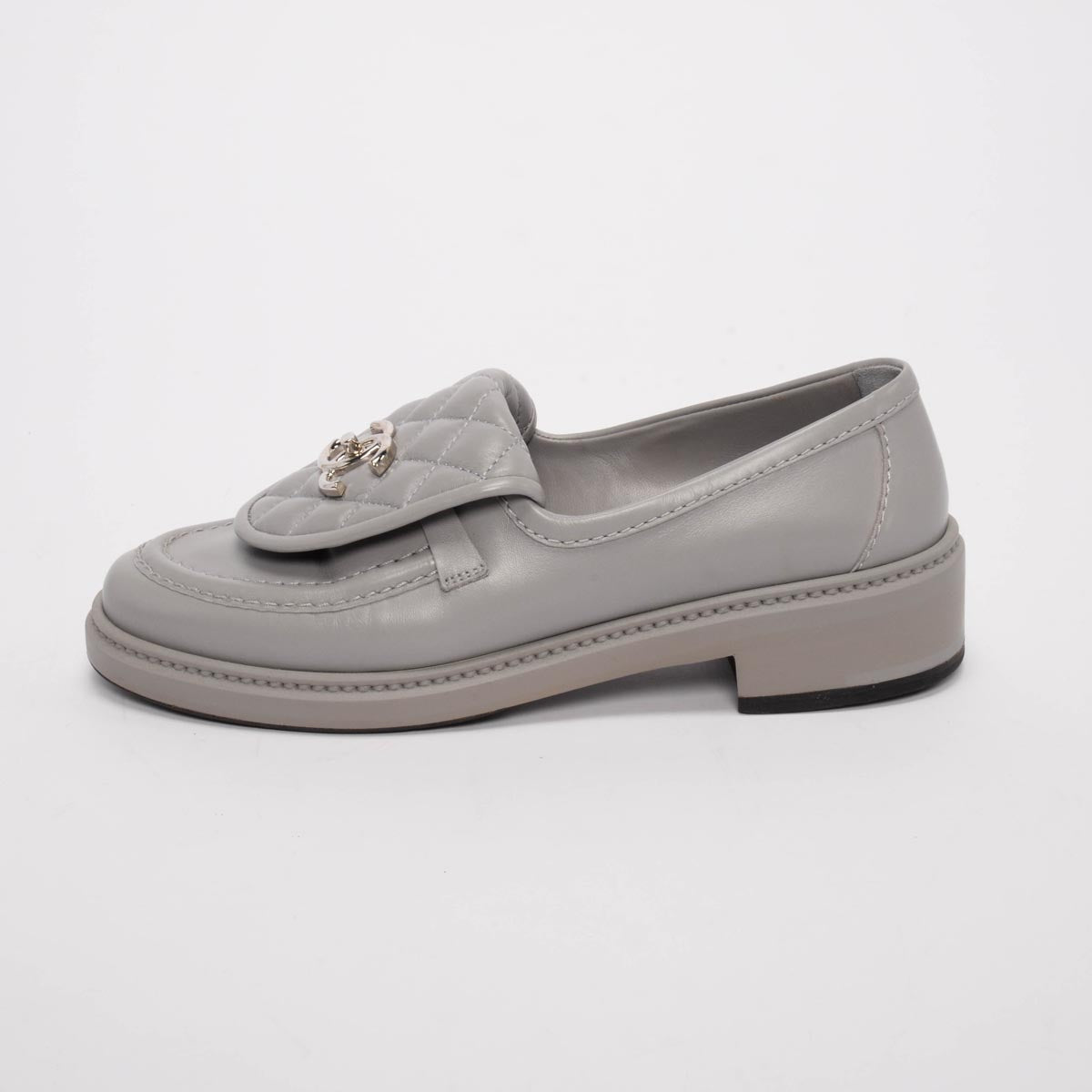 Chanel Grey Lambskin CC Turnlock Loafers 37.5 for Women