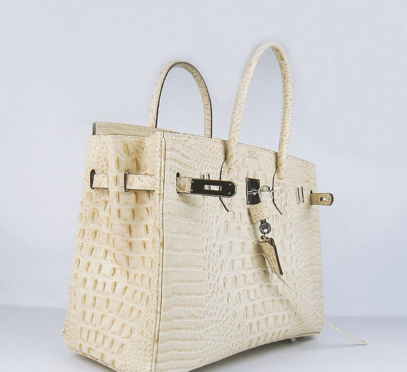 Hermes Luxury Birkin Cm Crocodile Head Veins Handbags Beige Silver Travel Bag