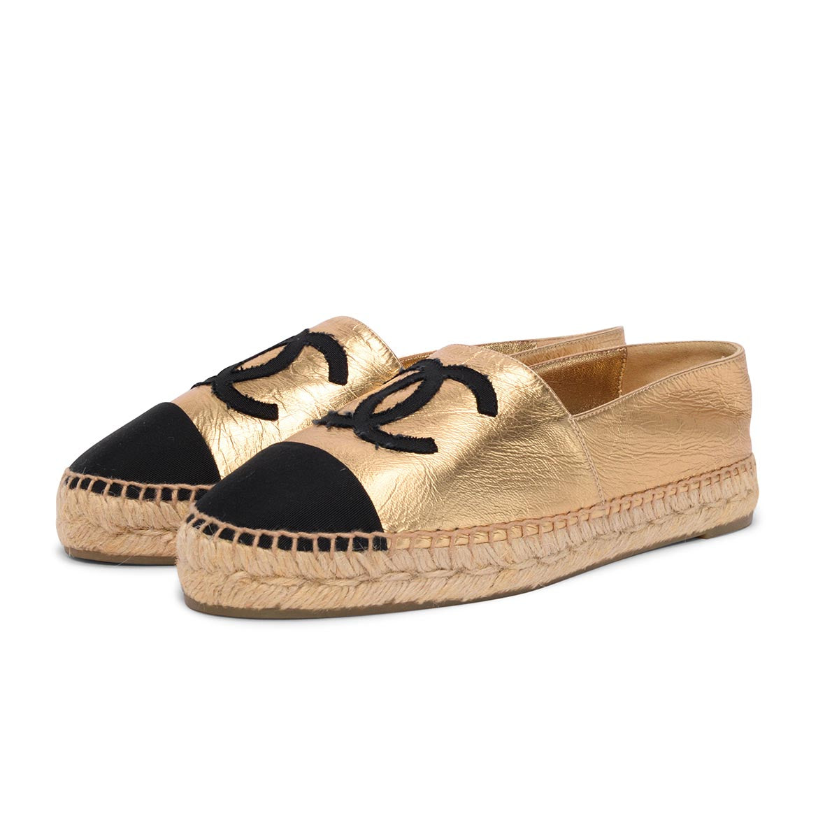 Chanel Gold & Black Lambskin CC Espadrilles 38 Shoes