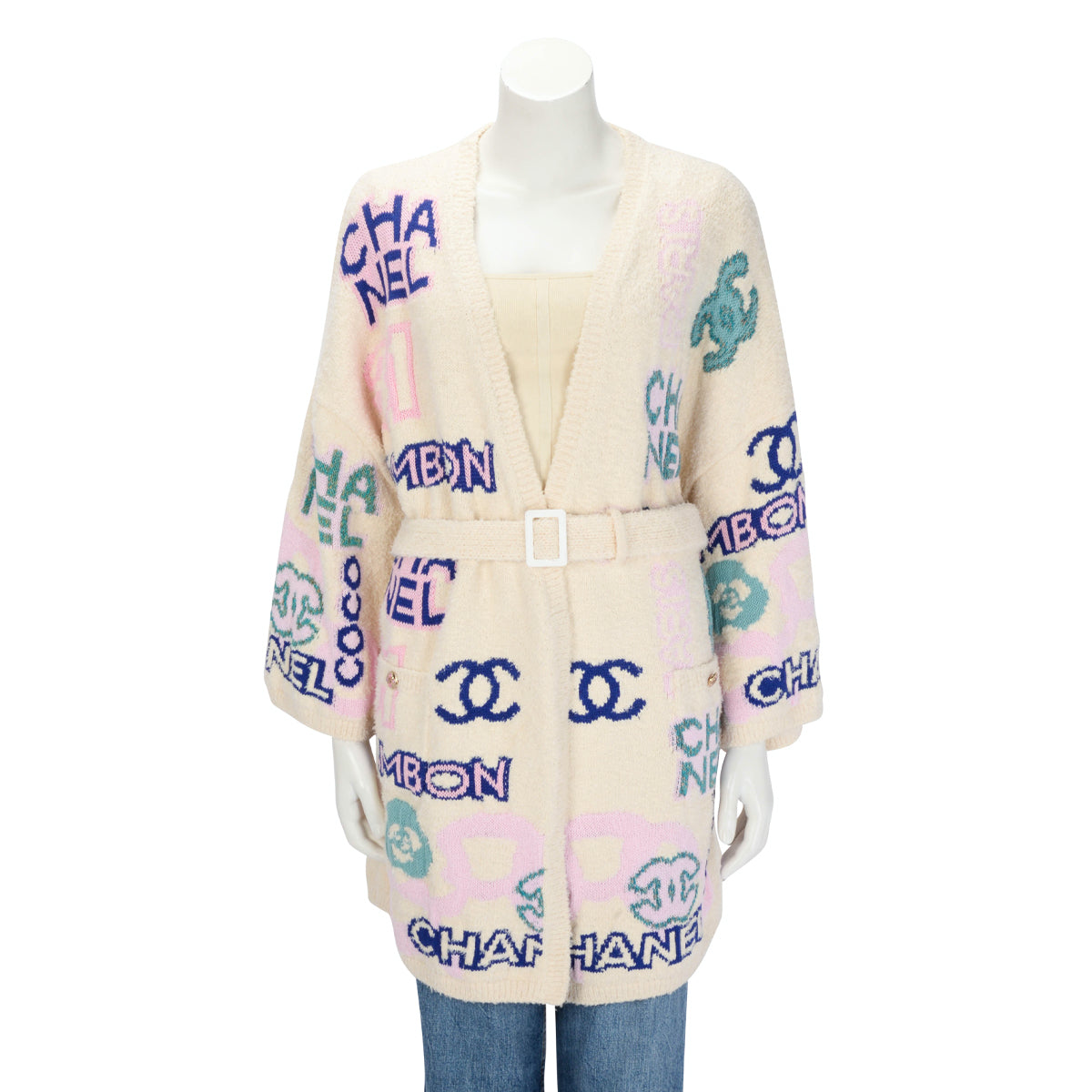 Chanel Multi Colour Cotton Logo Belted Cardigan Fr 42 Bag