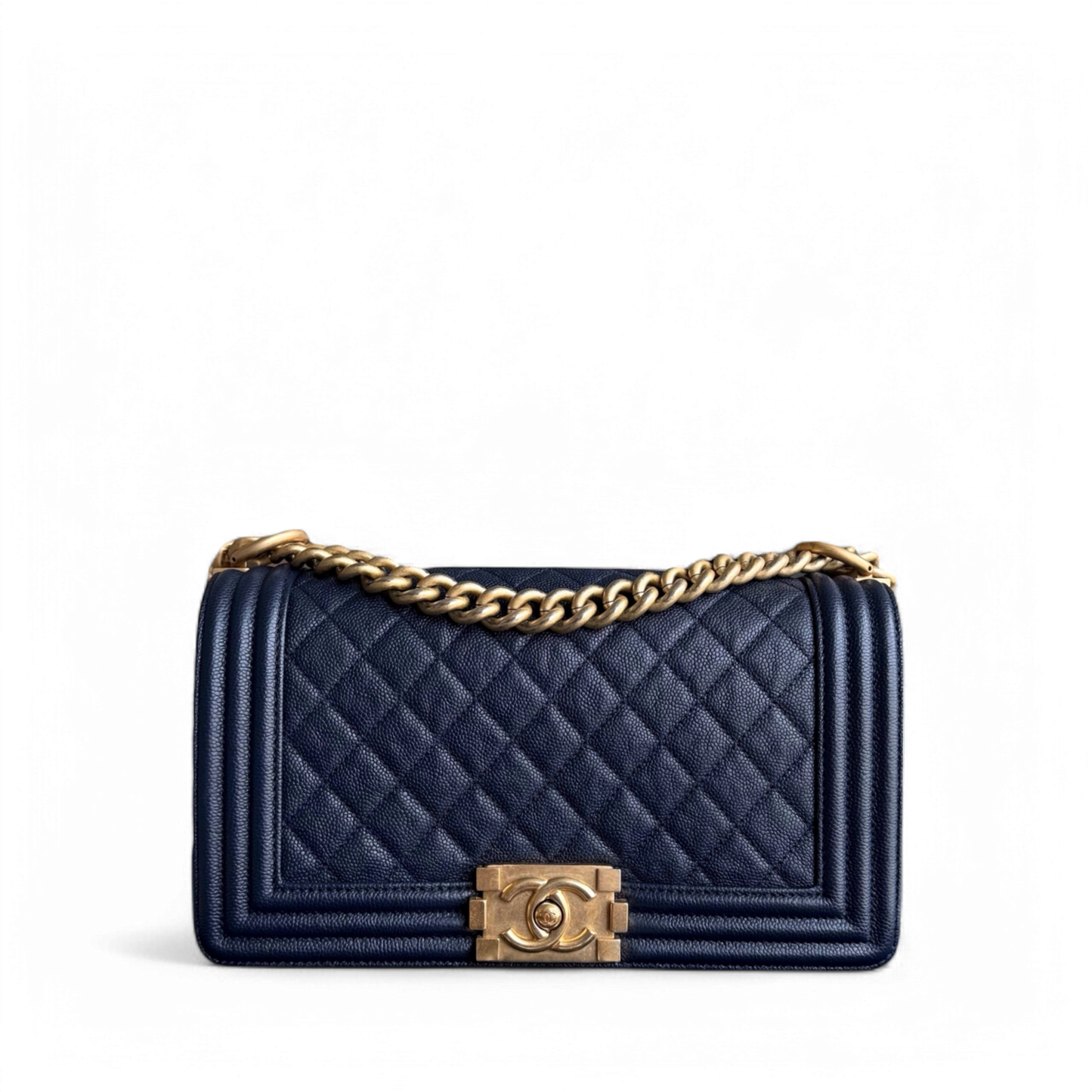 Chanel Boy Medium - Caviar 25CM Quilted Dark Blue Gold Hardware Series 25