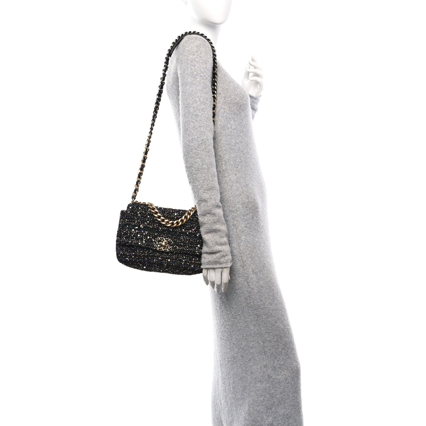Chanel Tweed Sequin Quilted Medium 19 Flap Black Multicolor Handbag