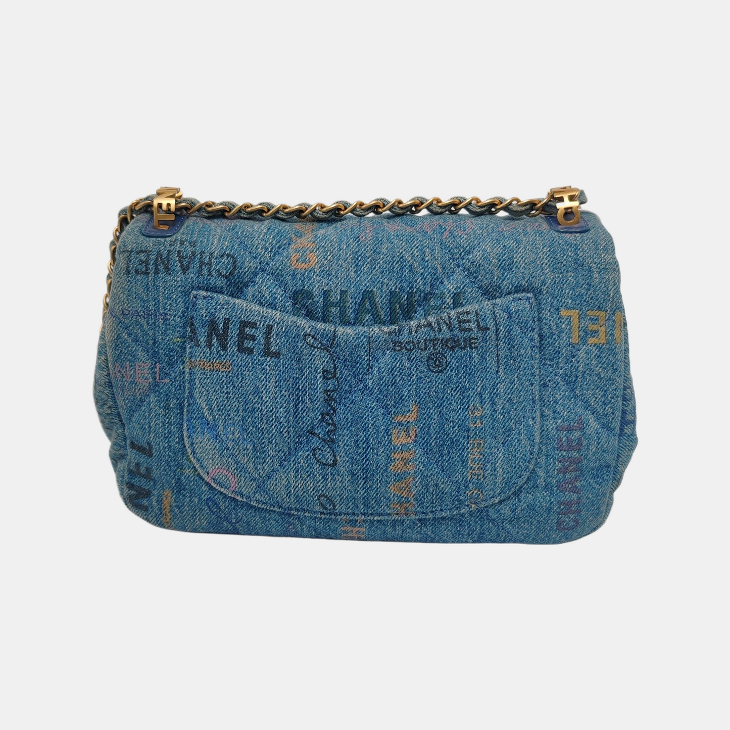Chanel Classic Flap Rectangular Denim Jeans Hardware Blue Gold Mini Bag