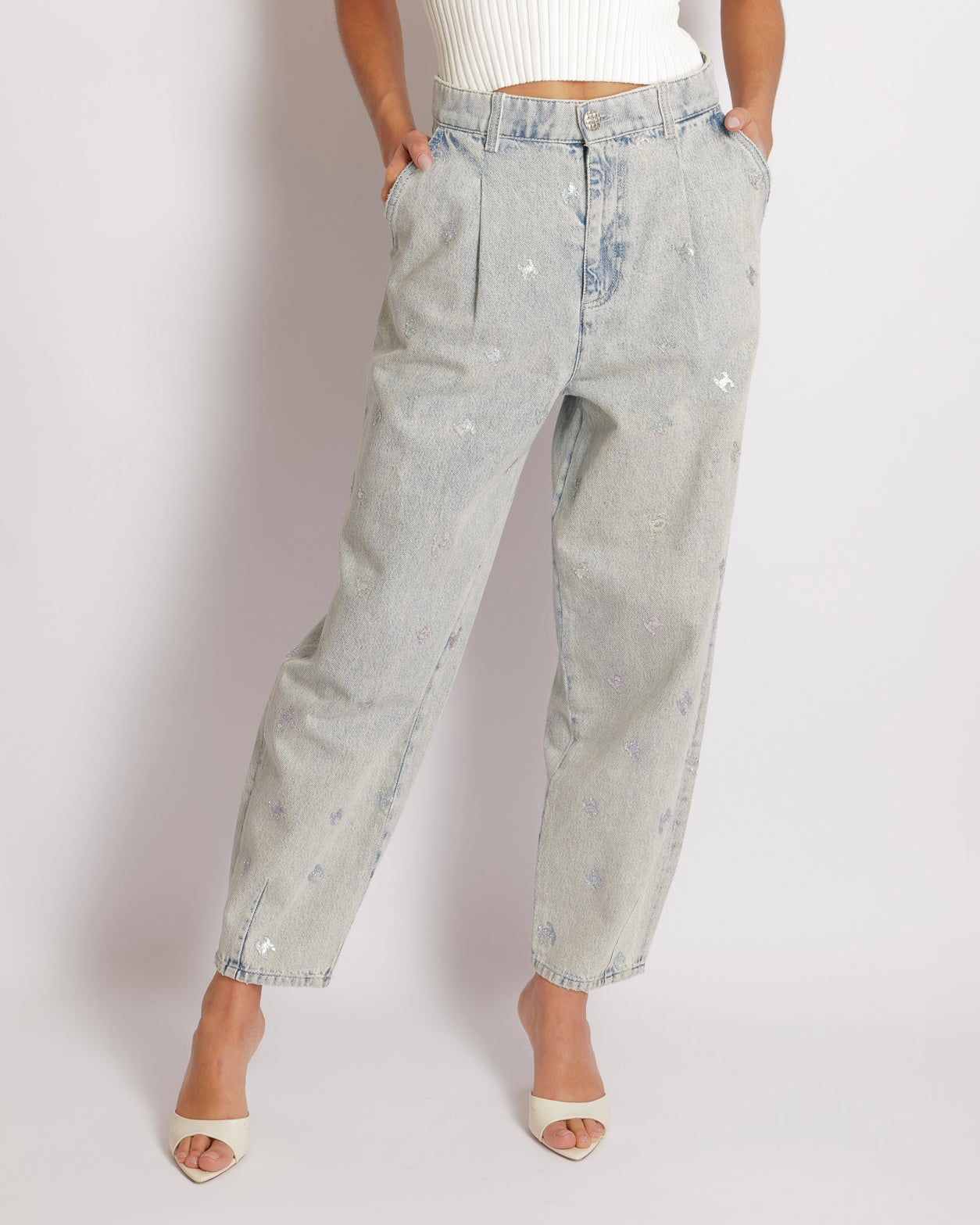 Chanel Fall 2021 Light Blue Straight Leg High-Waisted Jeans with Turquoise, Lilac, and Silver Metallic CC Logos and Silver Button Detail Size FR 40 (UK 12)