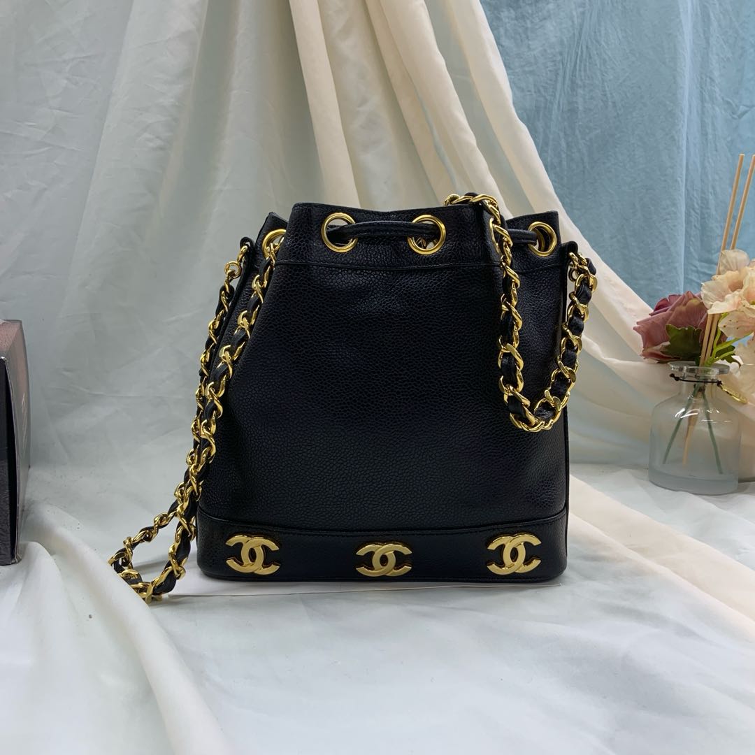 Chanel Bucket Caviar Logo Black Gold Leather Bucket Bag