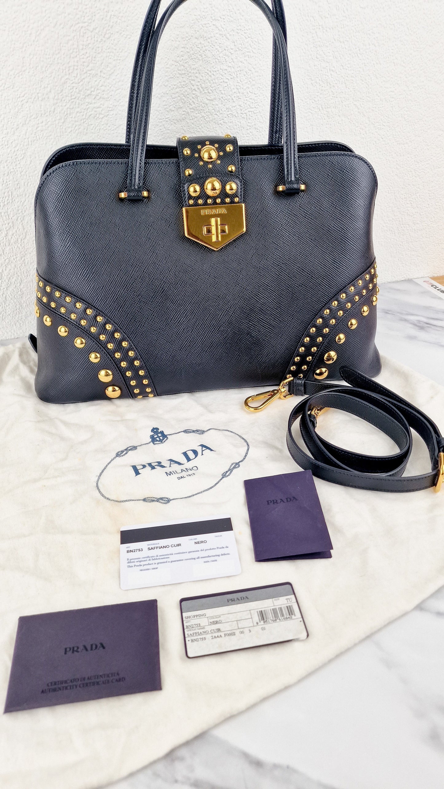 Prada Prada Saffiano Cuir Black Gold Studs Handbag Prada Travel Bag