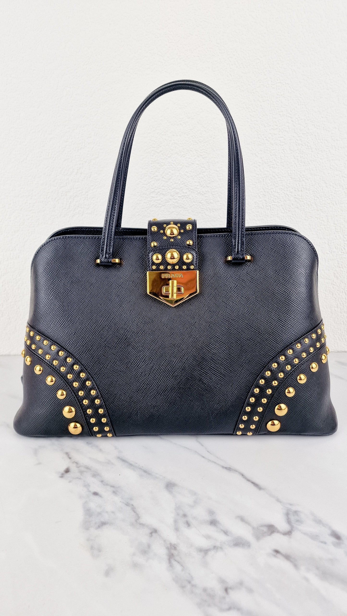 Prada Prada Saffiano Cuir Black Gold Studs Handbag Prada Travel Bag