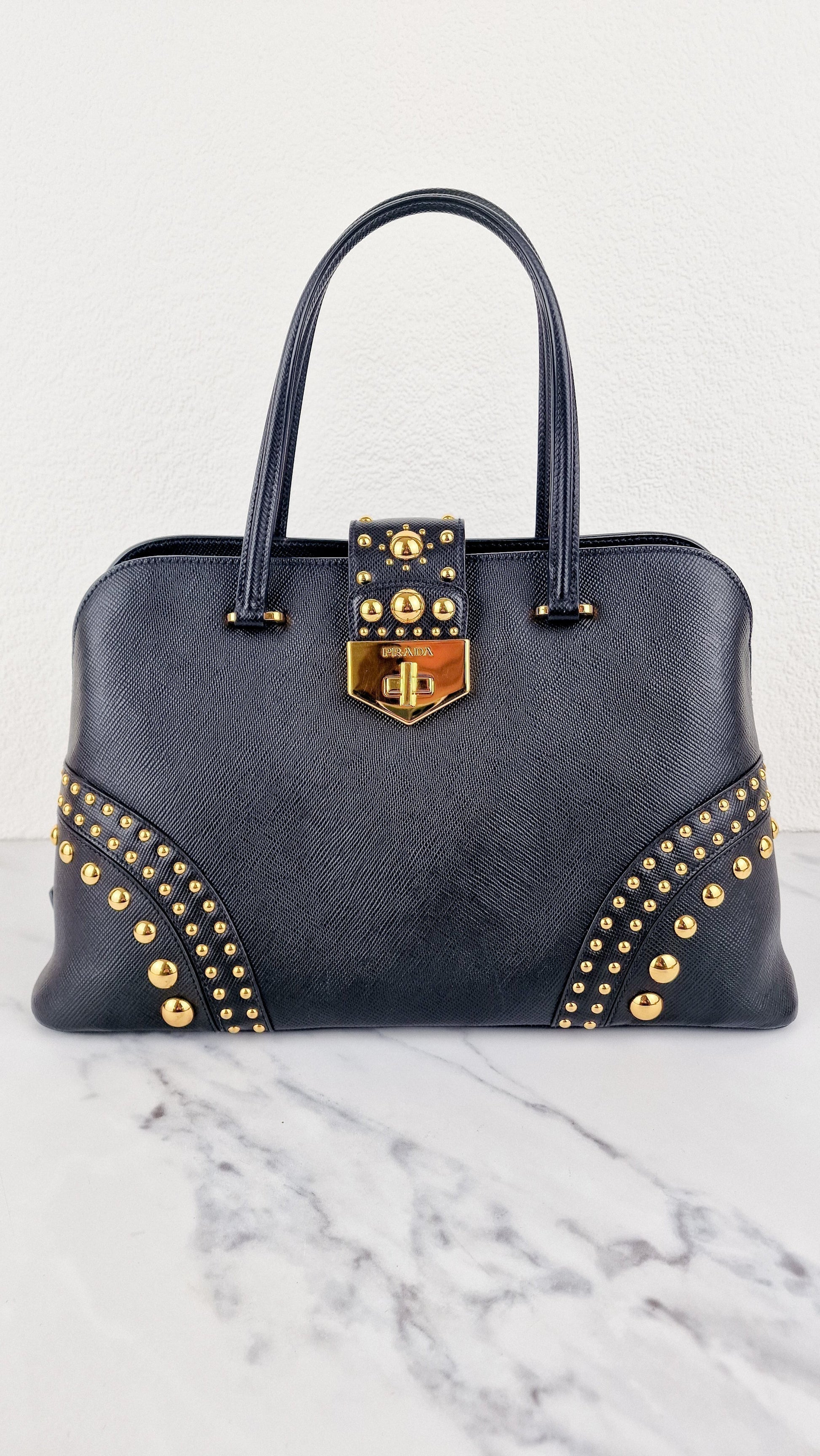 Prada Prada Saffiano Cuir Black Gold Studs Handbag Prada Travel Bag