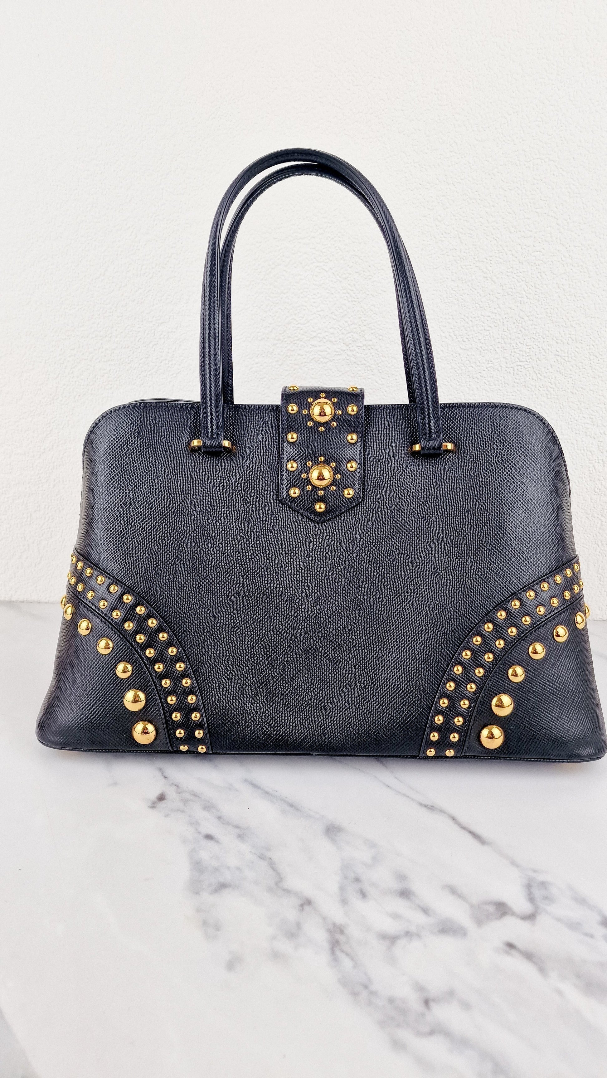Prada Prada Saffiano Cuir Black Gold Studs Handbag Prada Travel Bag