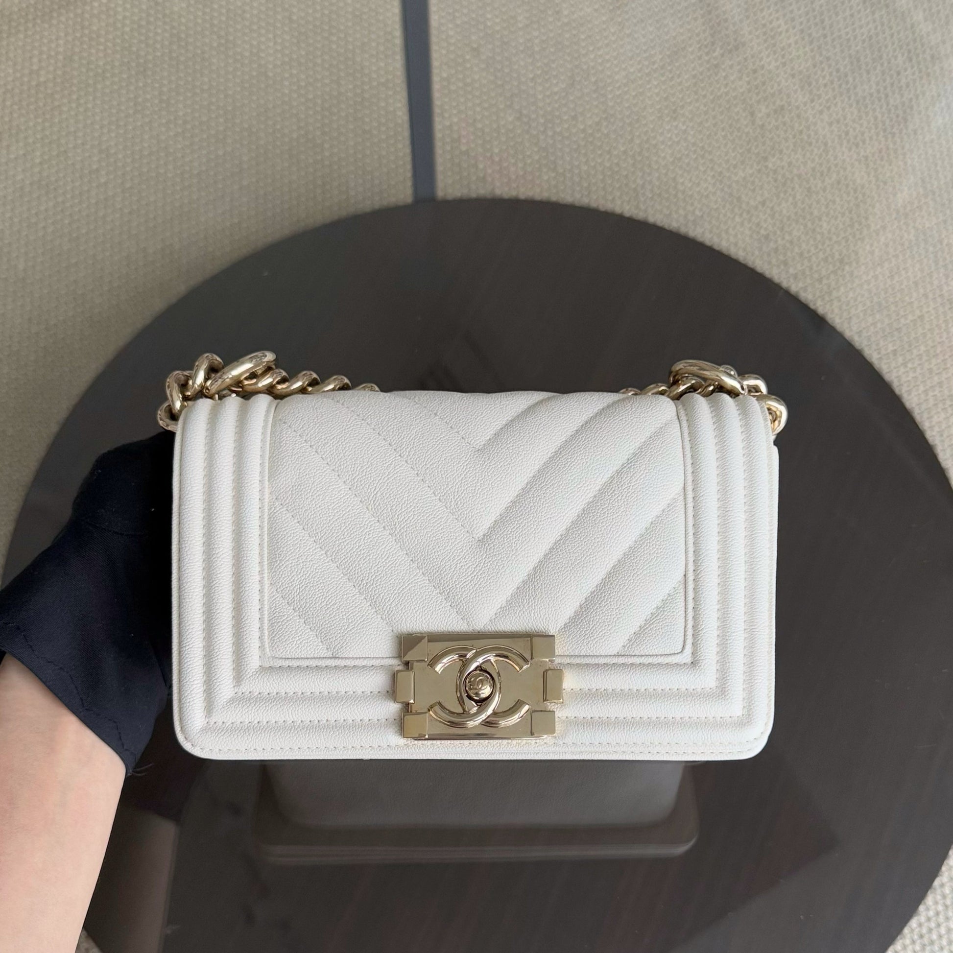 Chanel Boy Small - Caviar 20CM Chevron Cream White Gold Hardware Series 29