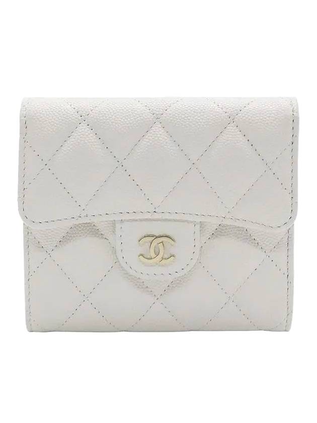 CC Logo Flap Leather Half Wallet White Chanel