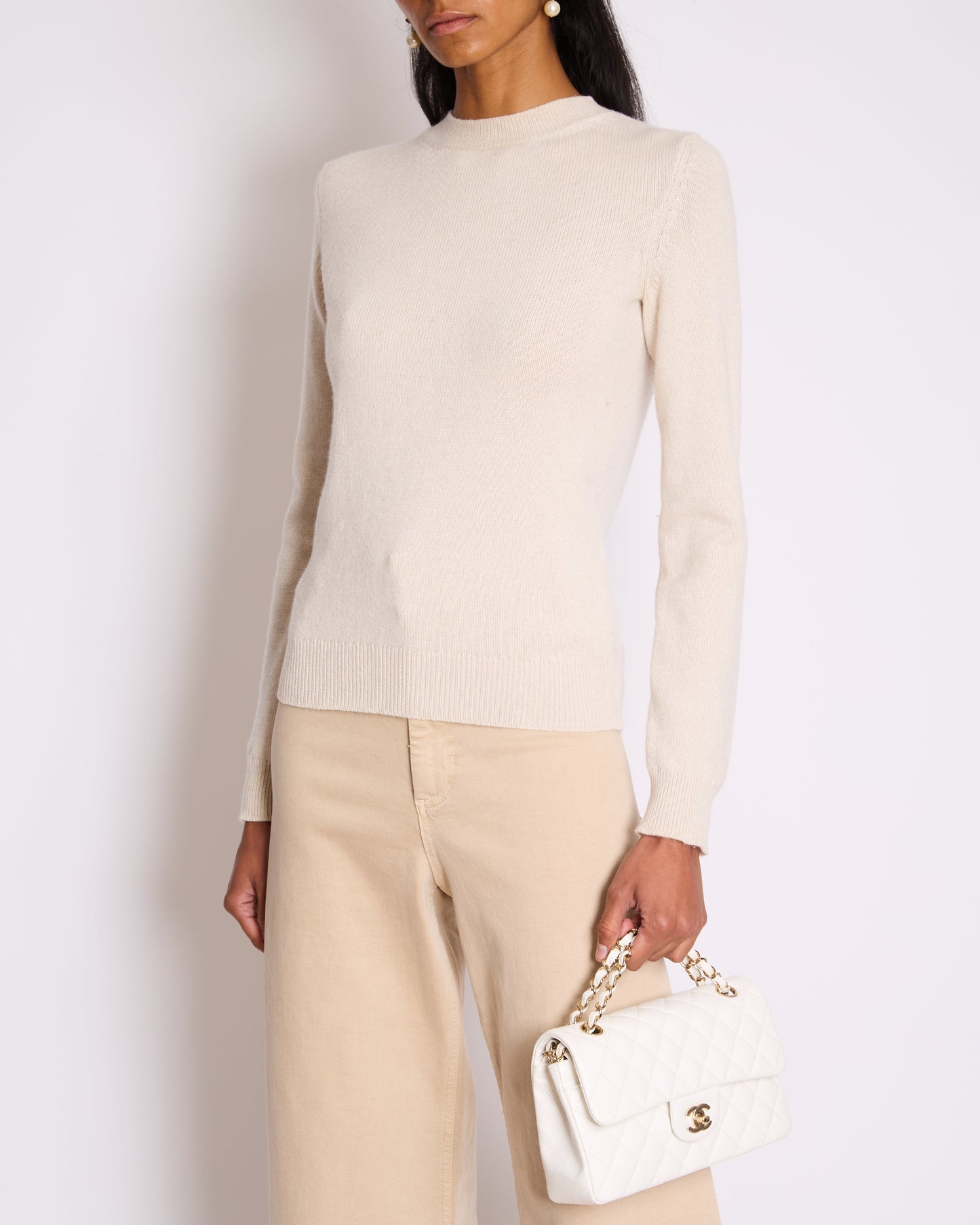 Chanel Beige Cashmere Cardigan With Gold And White Keyhole Cc Buttons Size Fr 36 (Uk 8) Bag