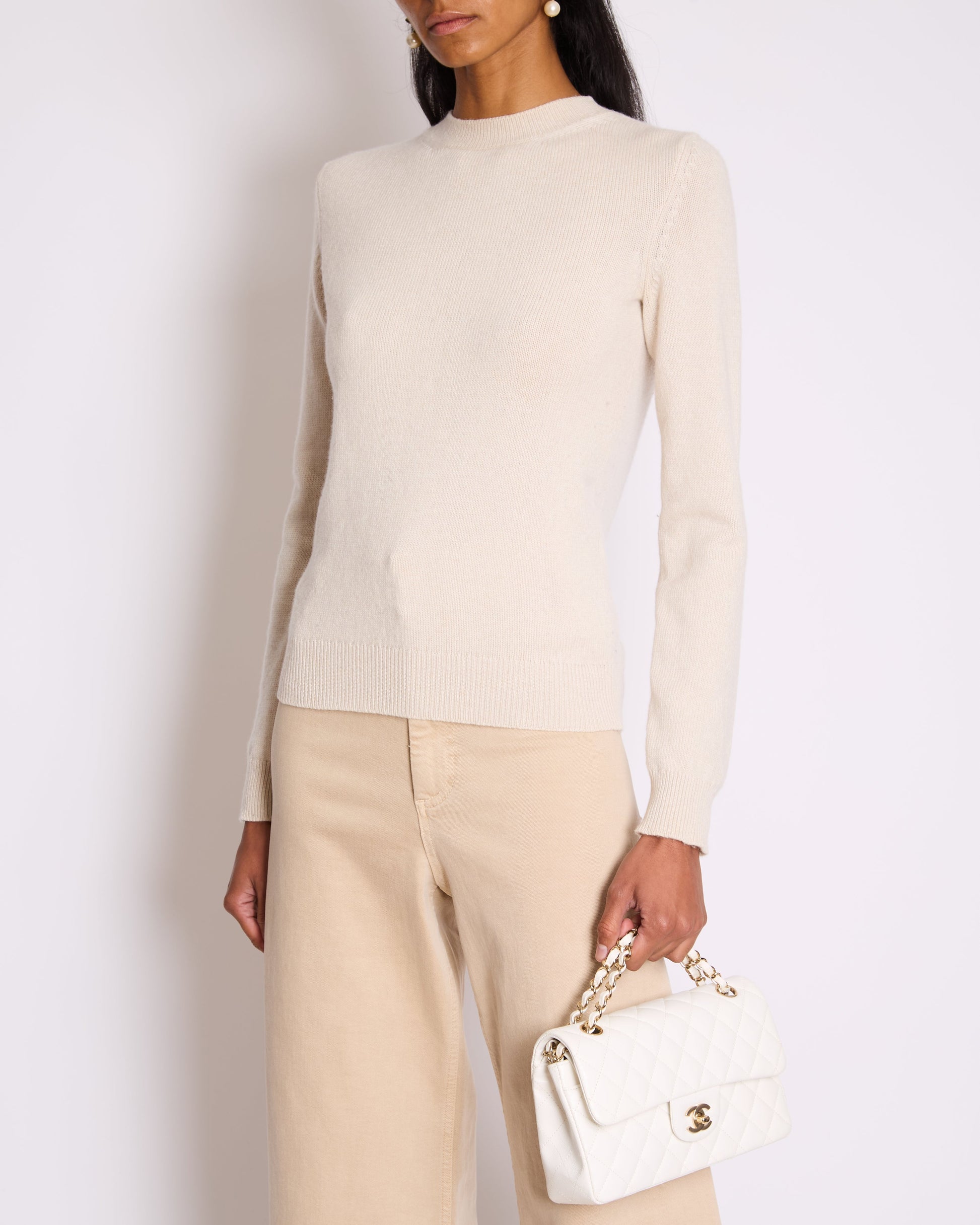 Chanel Beige Cashmere Cardigan With Gold And White Keyhole Cc Buttons Size Fr 36 (Uk 8) Bag
