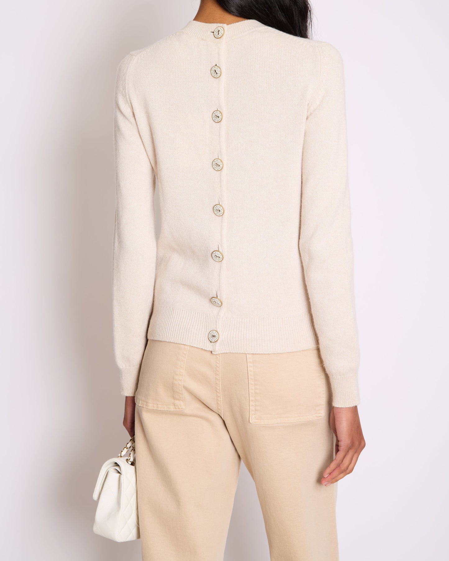 Chanel Beige Cashmere Cardigan With Gold And White Keyhole Cc Buttons Size Fr 36 (Uk 8) Bag