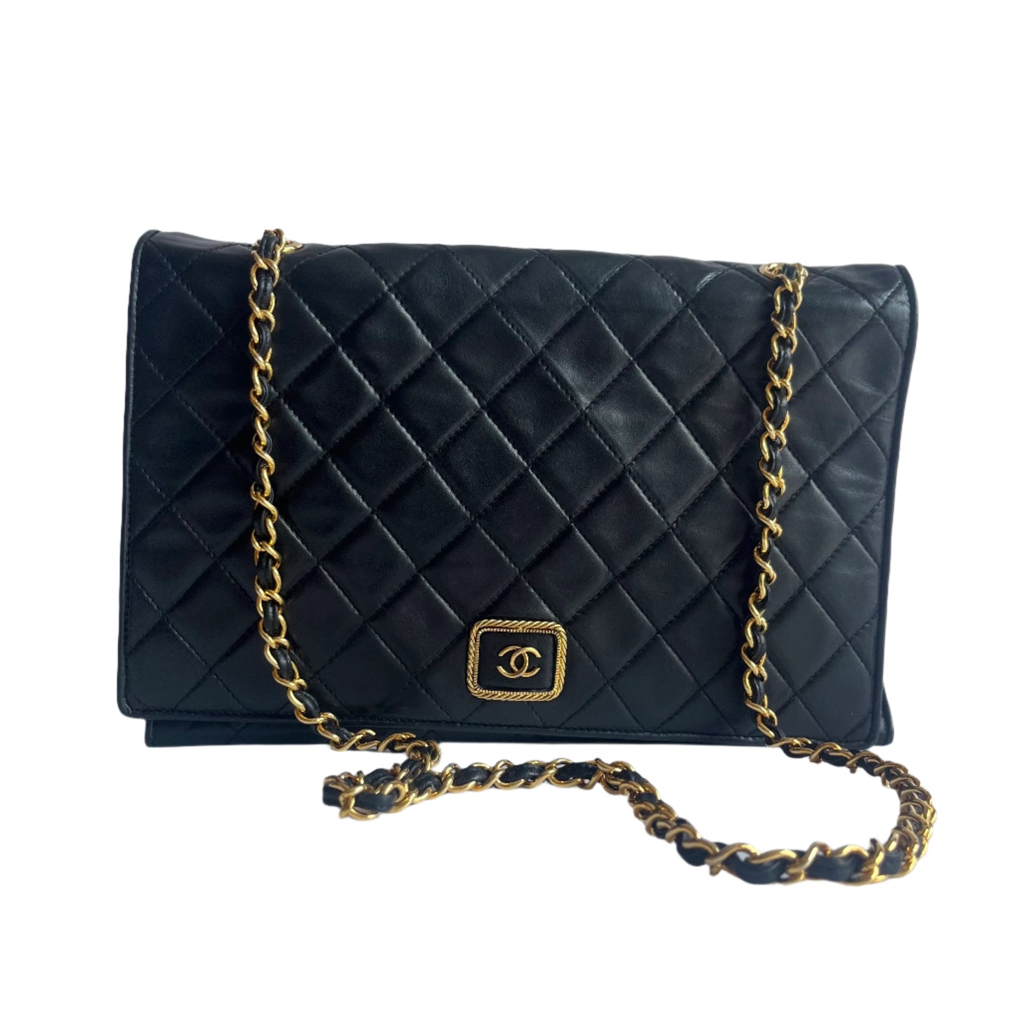 Chanel Flapbag Logo Closure Lambskin Black Gold Leather Handbag