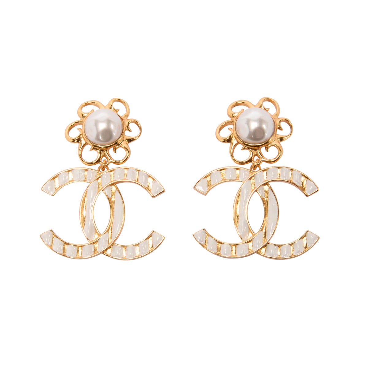 Chanel Gold & White Enamel Striped Cc Xl Earrings