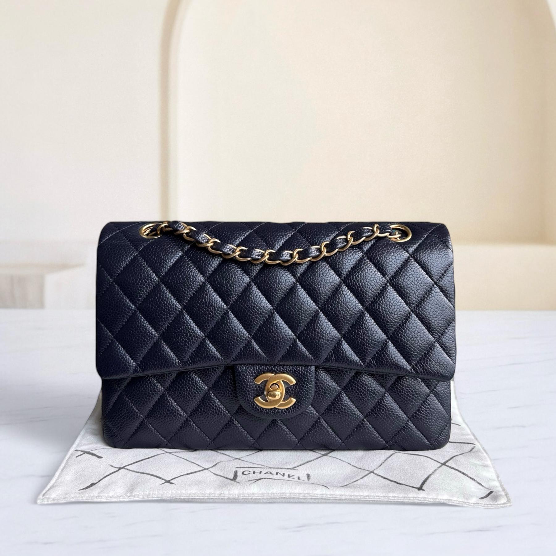 Chanel Classic Flap Medium - Caviar 25CM Quilted Grained Calfskin Dark Navy Midnight Blue Gold Hardware Series 21