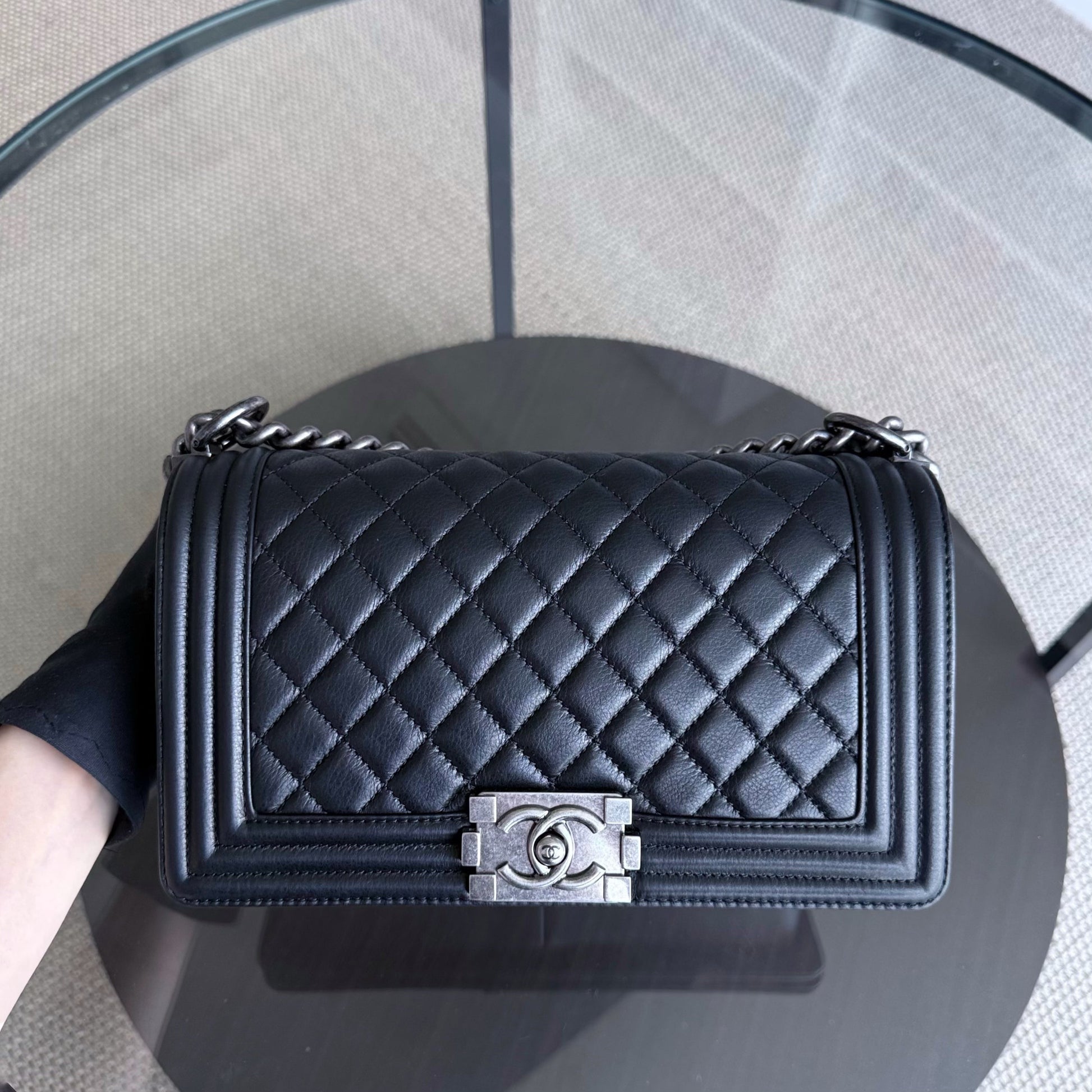 Chanel Boy Medium - 25CM Quilted Calfskin Black Ruthenium Silver Hardware Series 19