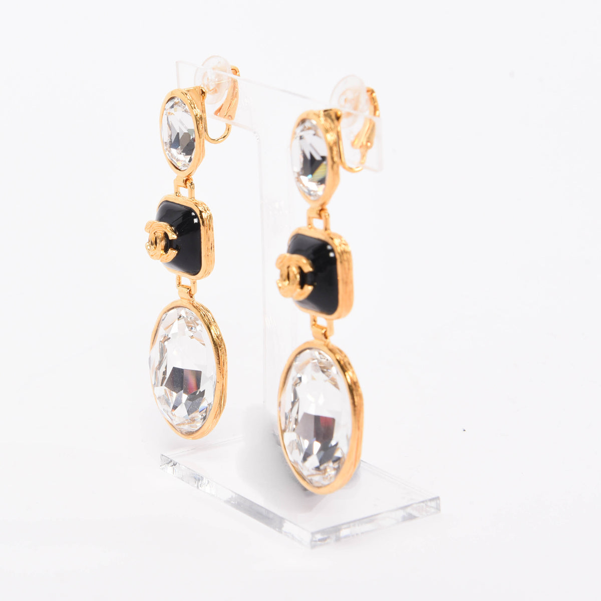 Chanel Gold & Black Crystal Cc Clip-On Earrings