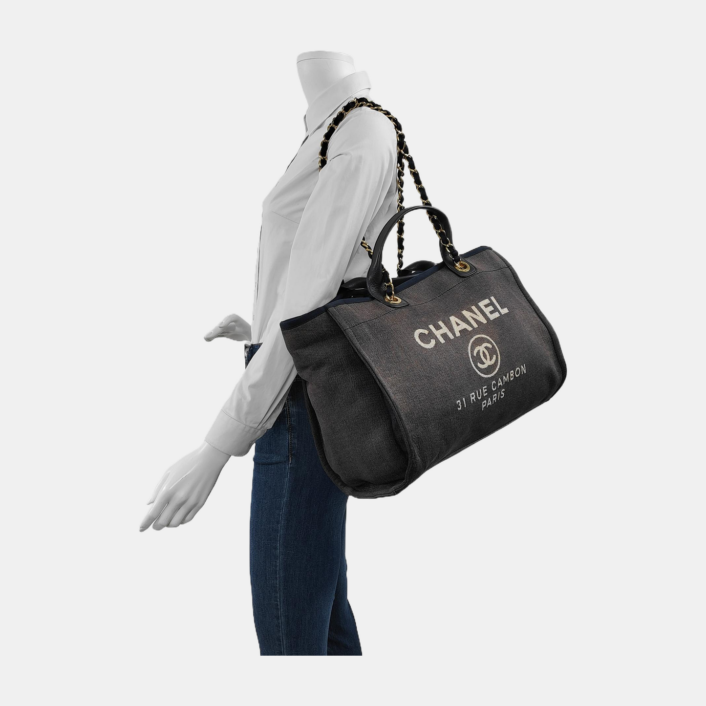 Chanel Deauville Navy Denim Top Handle Straps Leather Tote Bag