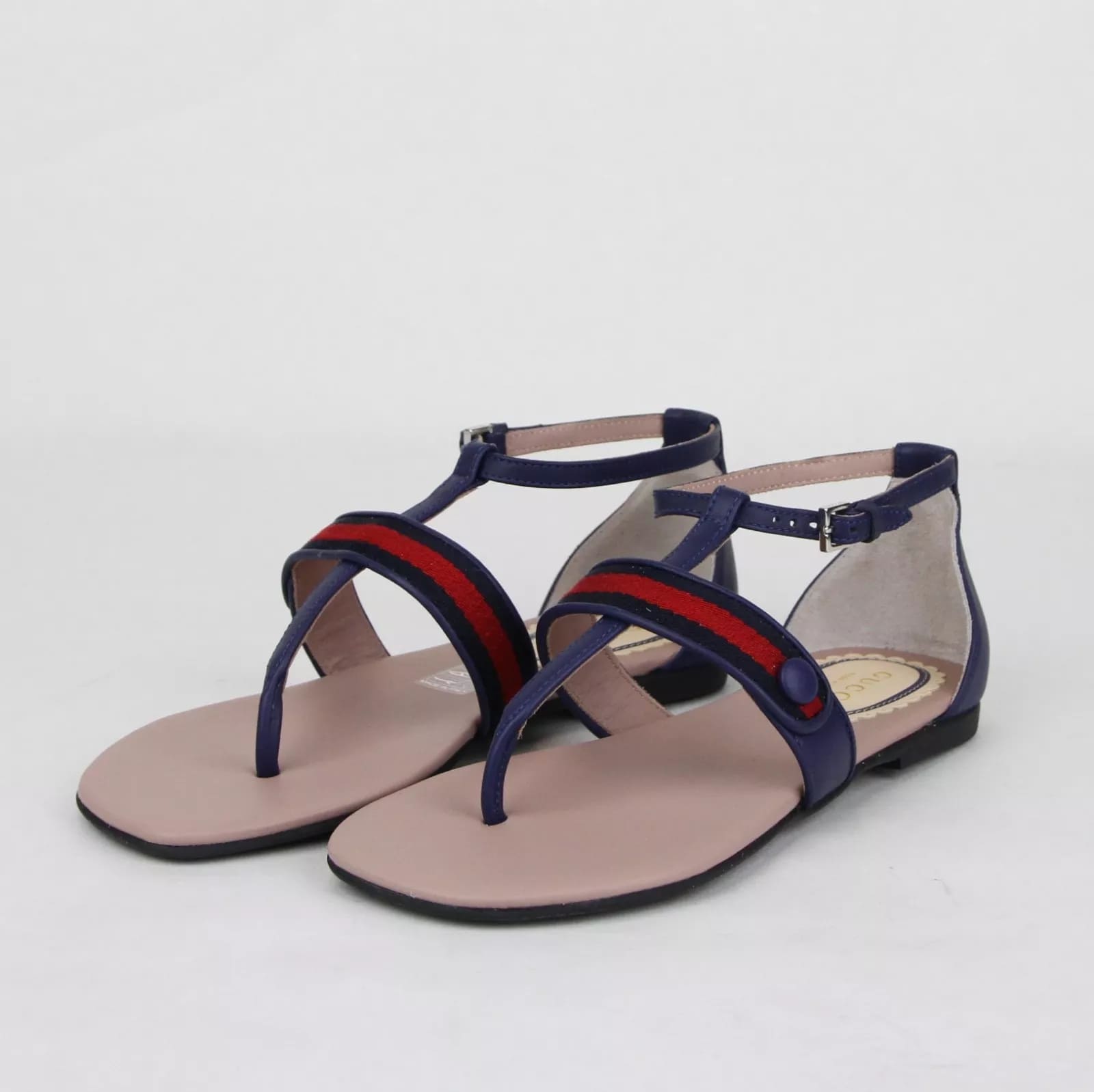 Gucci Girl Childrens Navy Blue Leather Sandal w/R/Blue Web 33/US 2