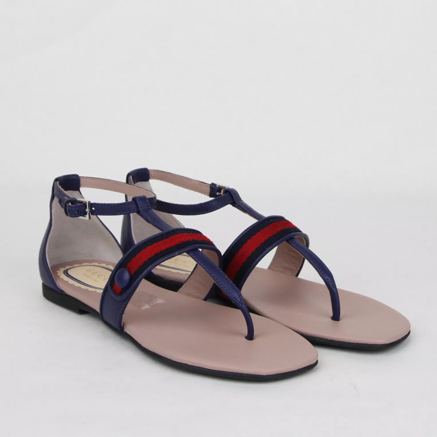 Gucci Girl Childrens Navy Blue Leather Sandal w/R/Blue Web 33/US 2