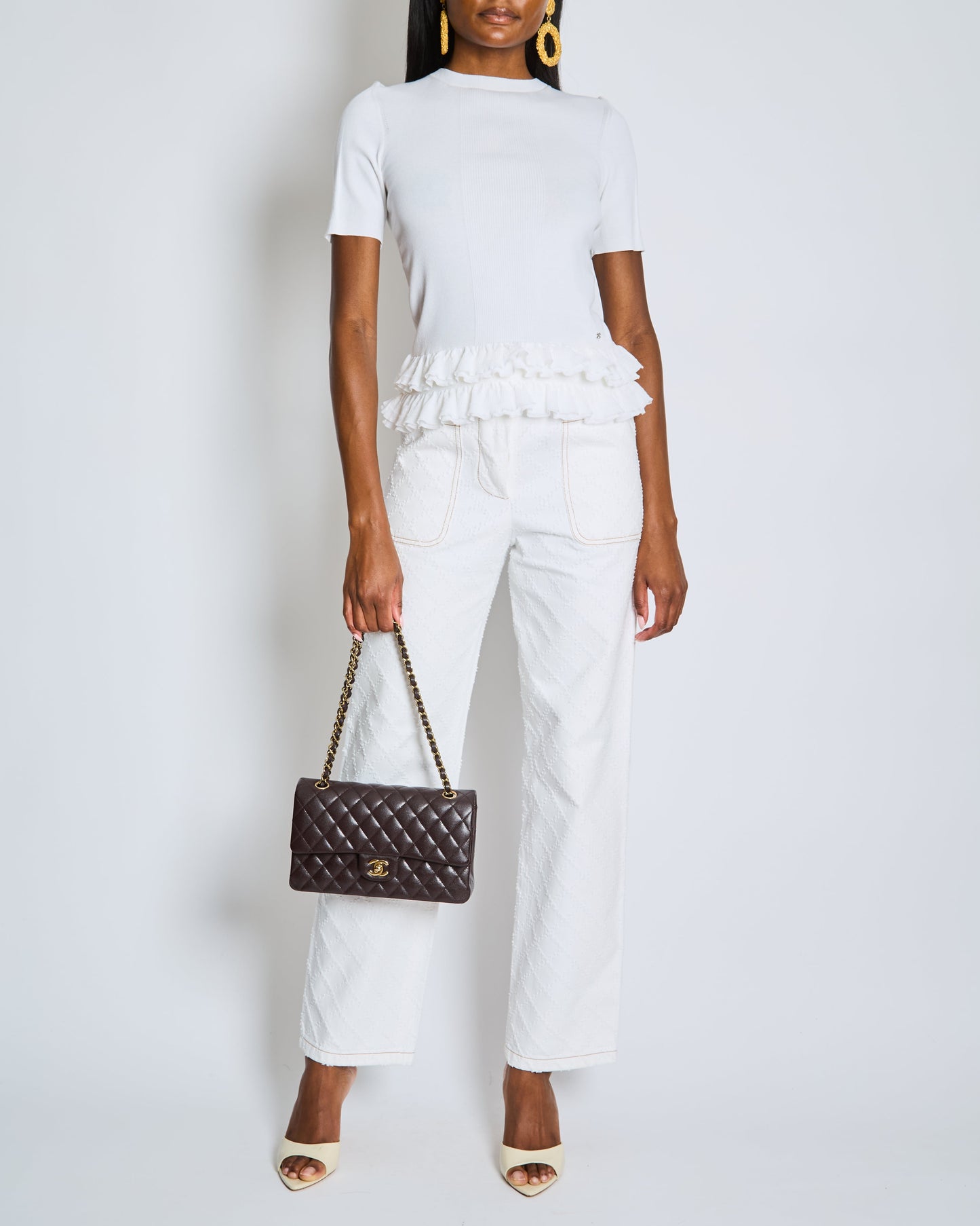 Chanel White Quilted Straight Leg Jeans with Brown Accents and Waist Ties and 31 Rue Cambon CC Logo Detail Size FR 34 (UK 6)