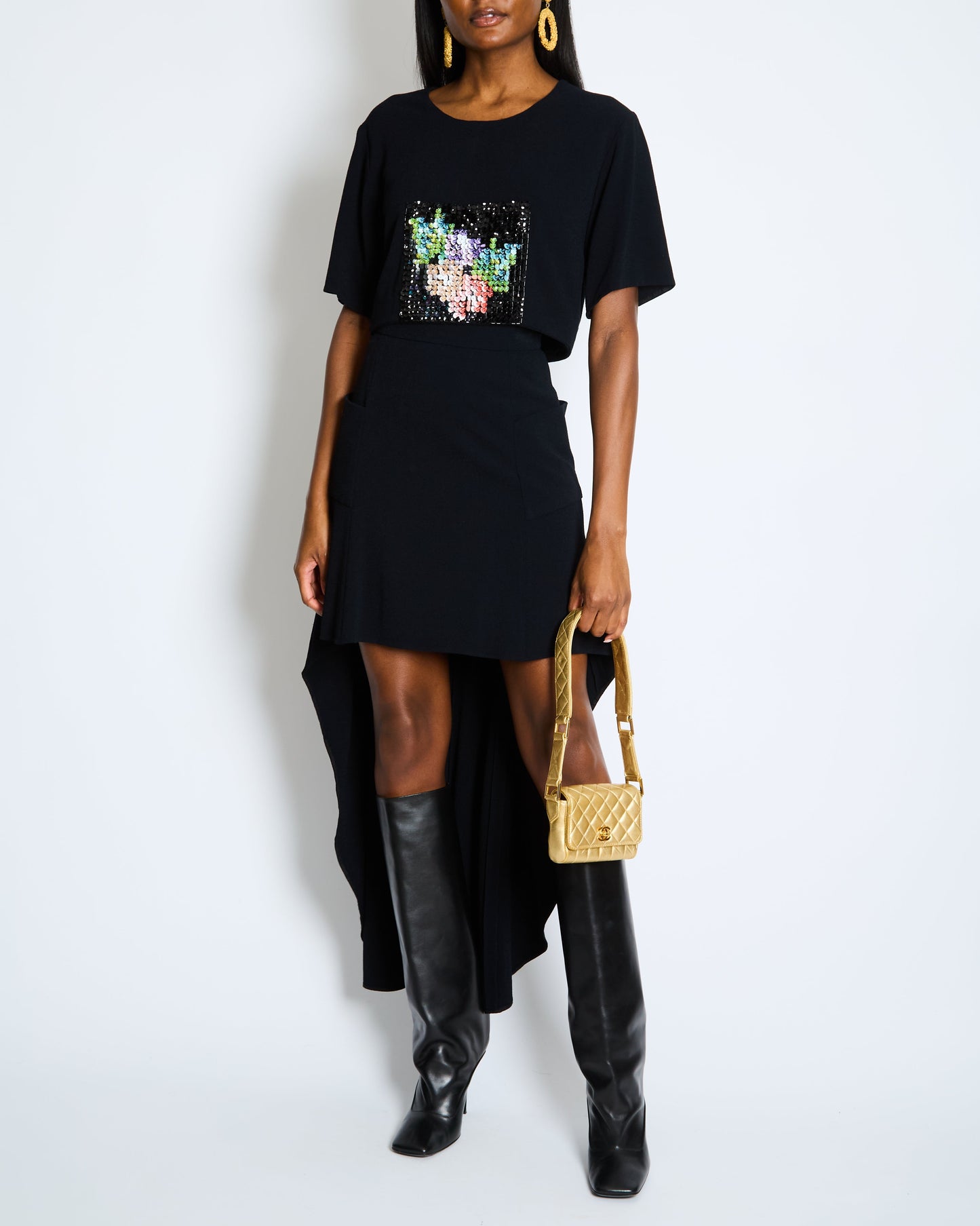 Chanel Métiers D'Art Black Cropped Top With Multi-Colour Sequin Patch Detail And Back Gold Cc Logo Buttons Size Fr 34 (Uk 6) Bag