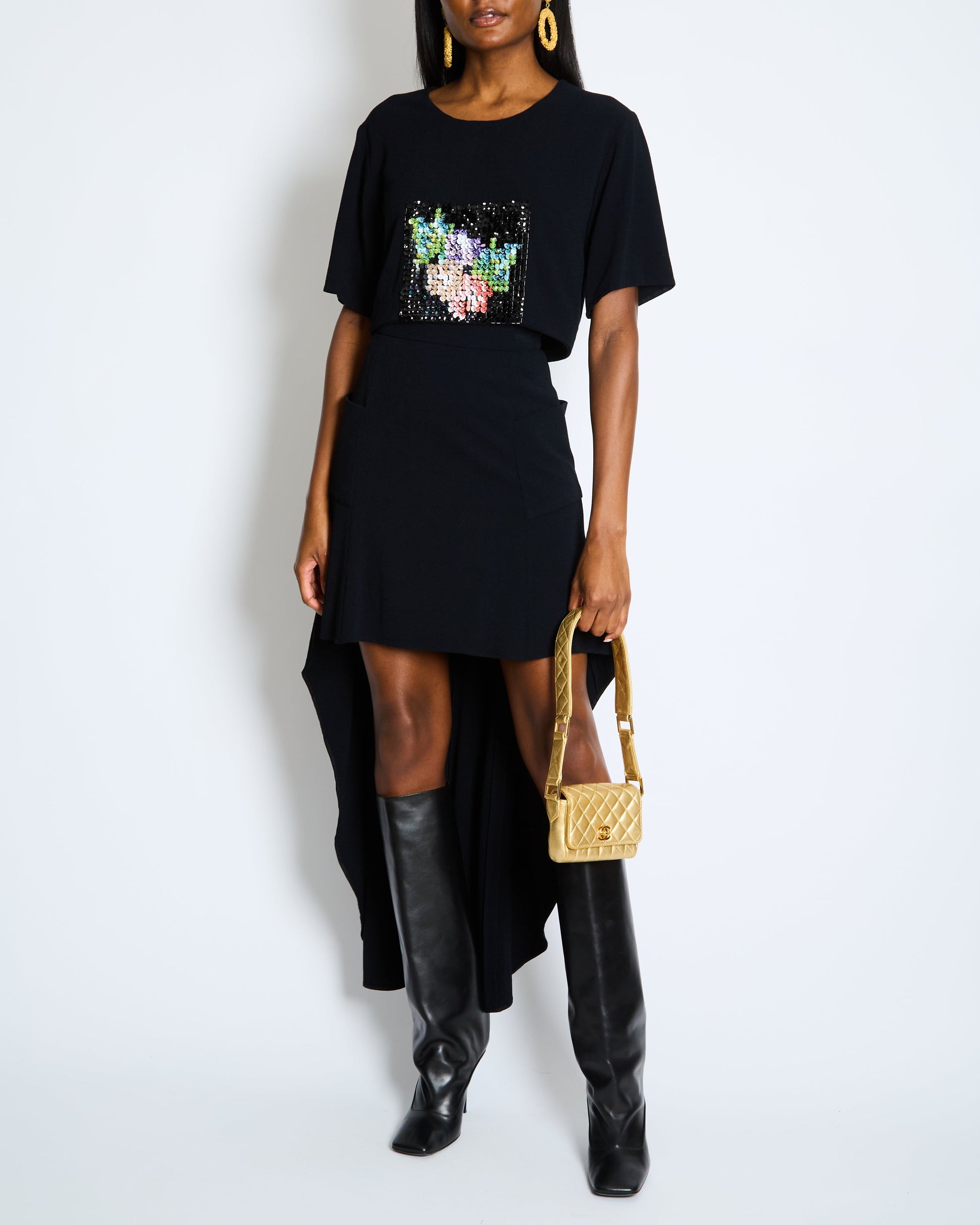 Chanel Métiers D'Art Black Cropped Top With Multi-Colour Sequin Patch Detail And Back Gold Cc Logo Buttons Size Fr 34 (Uk 6) Bag