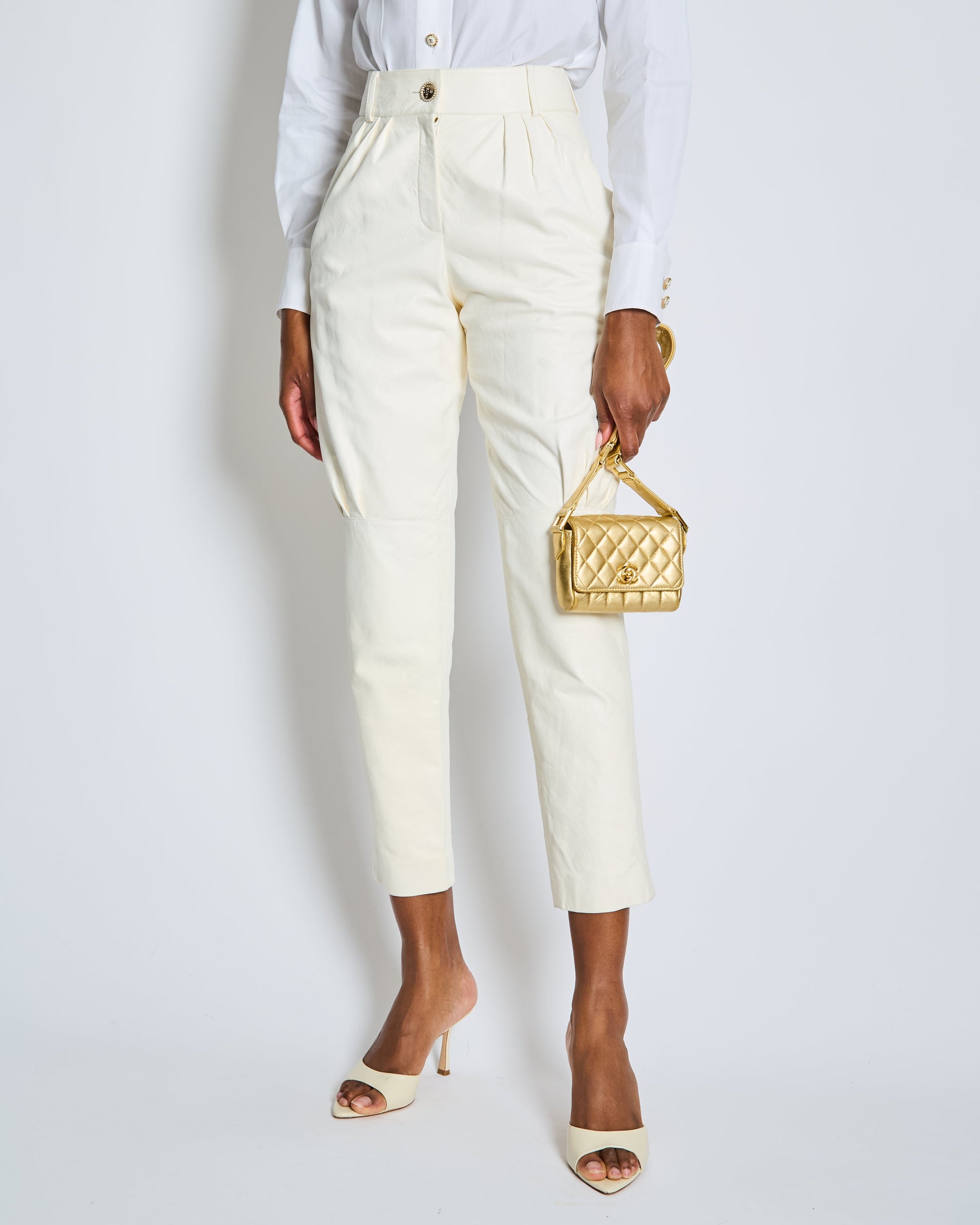 Chanel Resort La Pausa White Leather Tro Rs With Gold And Pearl Embellished Cc Logo Button Size Fr 36 (Uk 8) Bag