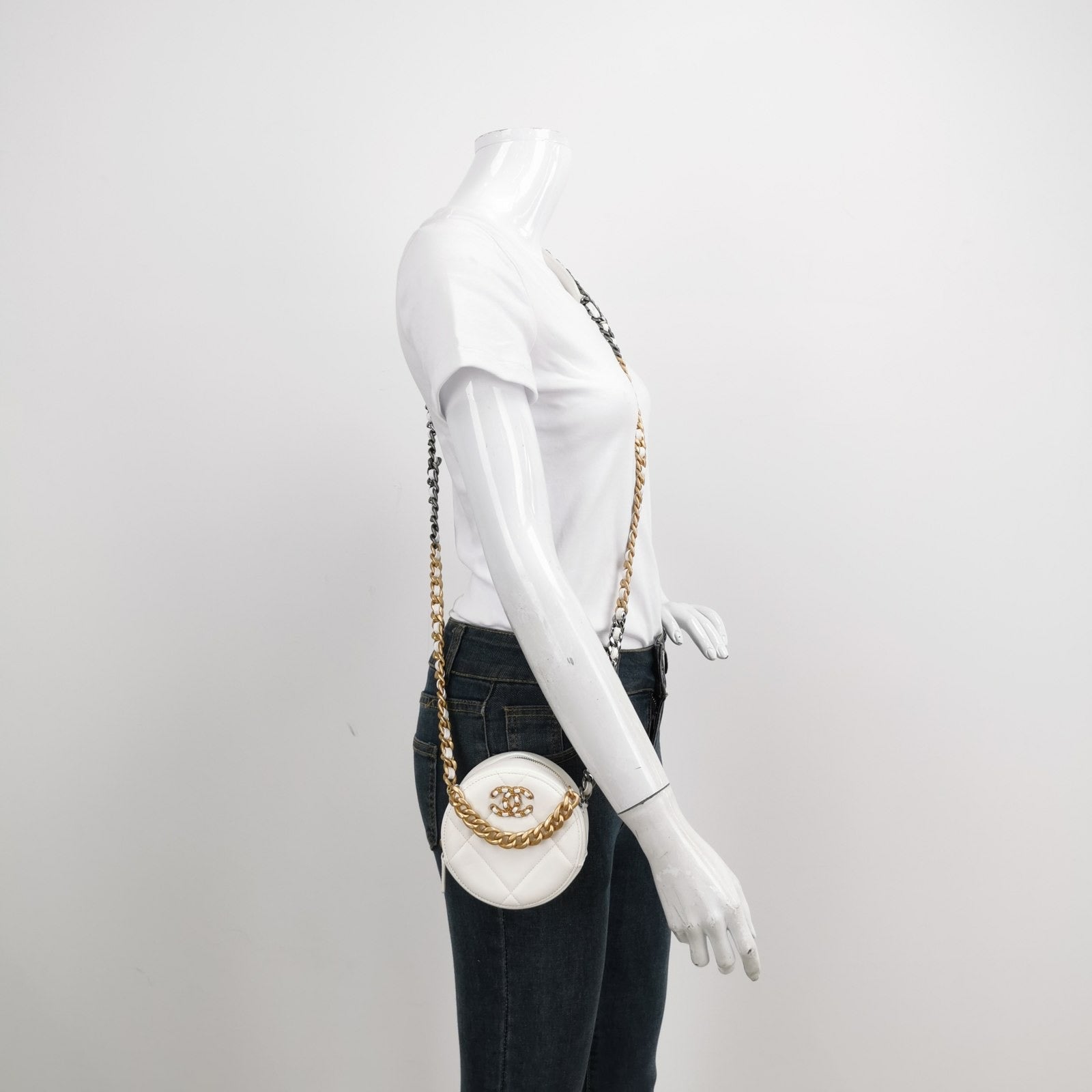 Chanel 19 Round Cannage White Leather Handbag