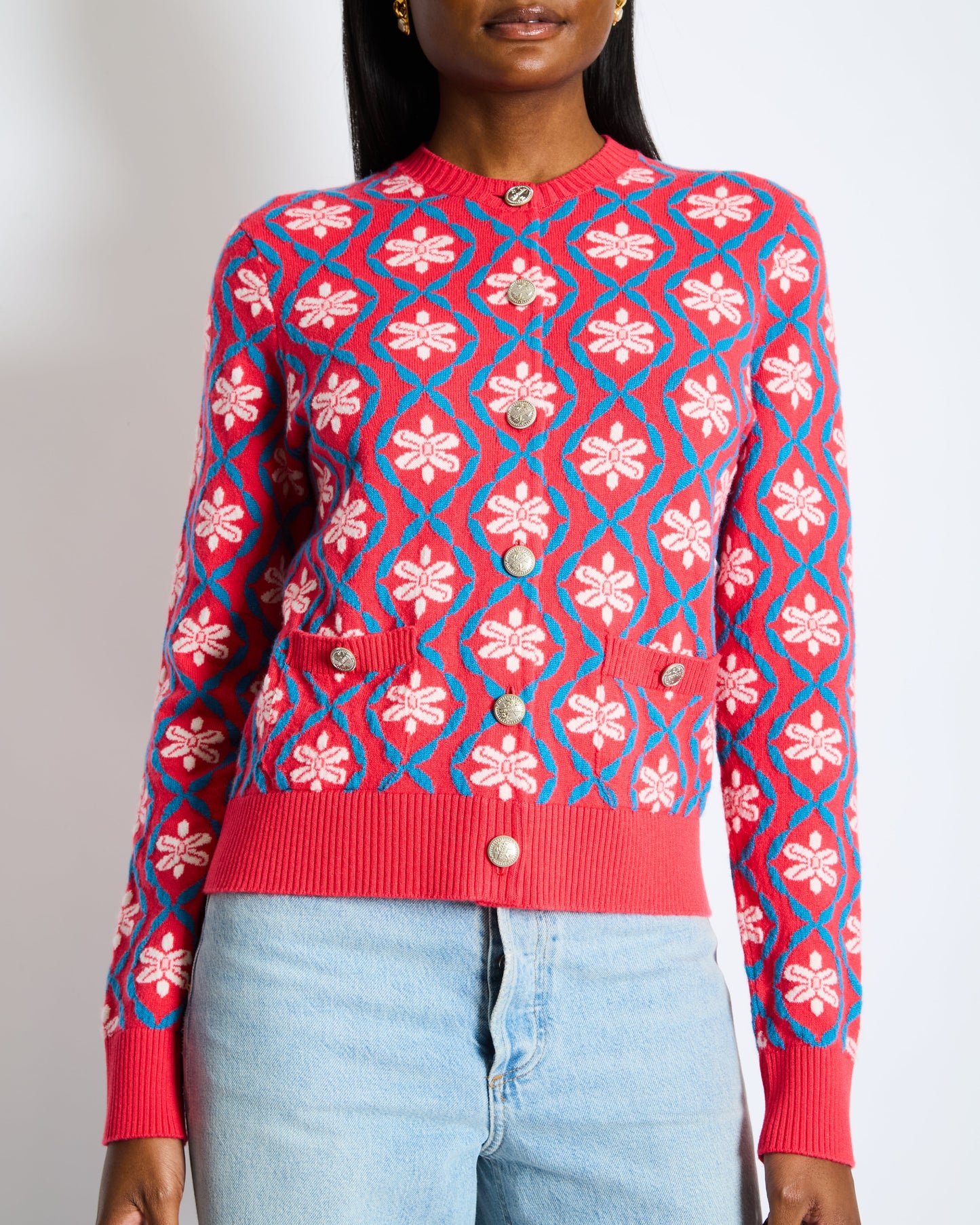 Chanel Coco Cuba Pink Cashmere Round-Neck Cardigan With Blue And White Detailing Size Fr 42 (Uk 14) Bag
