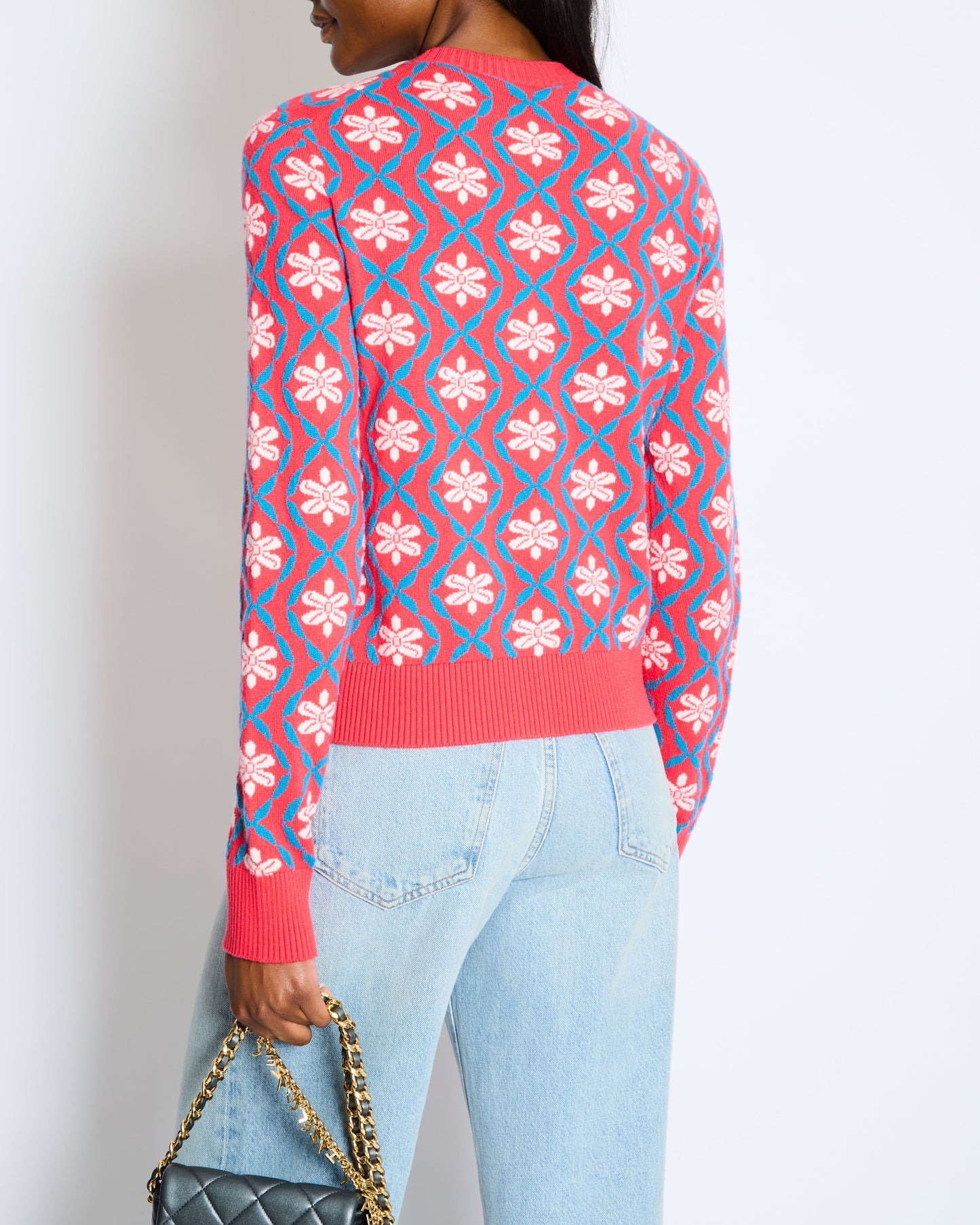 Chanel 2017 Coco Cuba Pink Cashmere Round-Neck Cardigan with Blue and White Detailing Size FR 42 (UK 14)