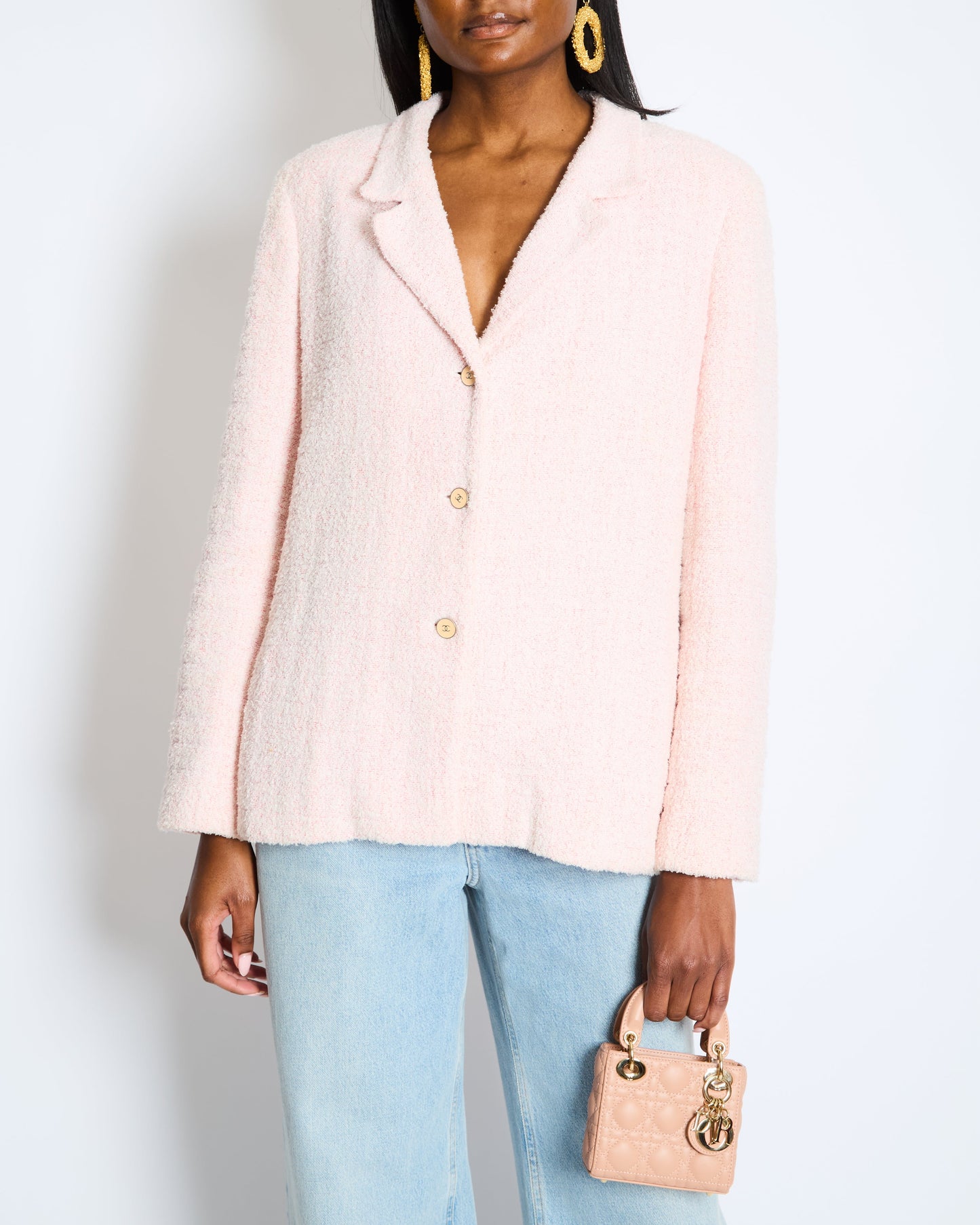 Chanel Pastel Pink   Tweed Jacket with Silver and Beige CC Logo Buttons Size FR 38 (UK 10)