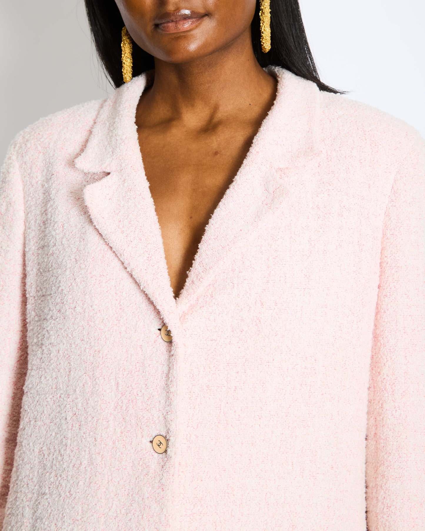 Chanel Pastel Pink   Tweed Jacket with Silver and Beige CC Logo Buttons Size FR 38 (UK 10)