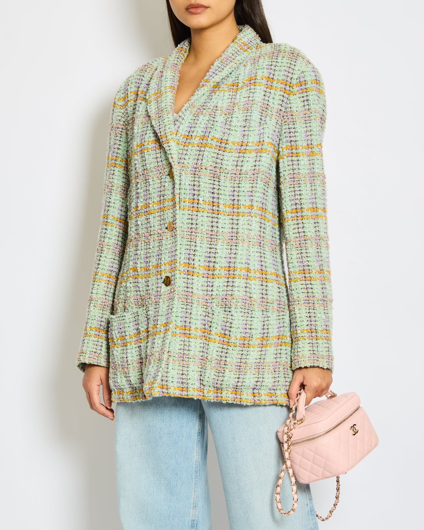 Chanel 1994   Green, Orange and Purple Tweed Jacket with Brushed Gold CC Logo Buttons Size FR 38 (UK 10)