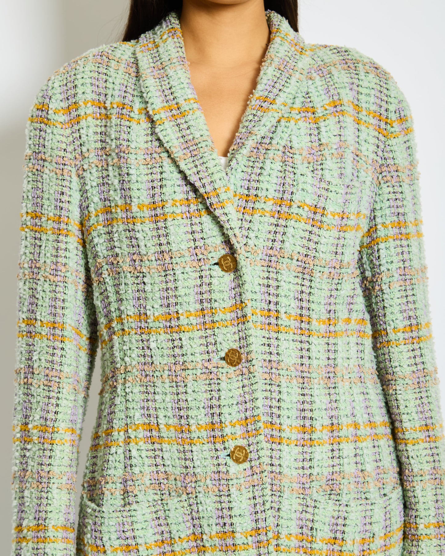 Chanel 1994   Green, Orange and Purple Tweed Jacket with Brushed Gold CC Logo Buttons Size FR 38 (UK 10)