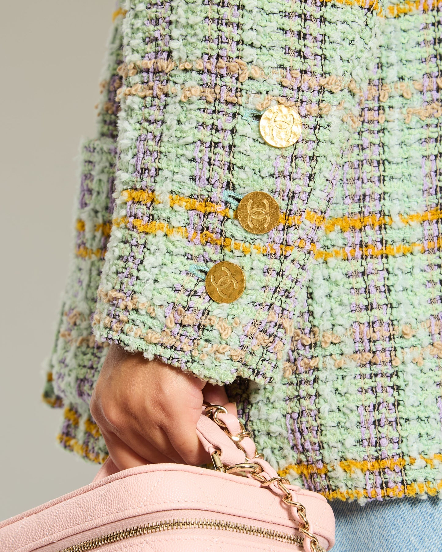 Chanel 1994   Green, Orange and Purple Tweed Jacket with Brushed Gold CC Logo Buttons Size FR 38 (UK 10)